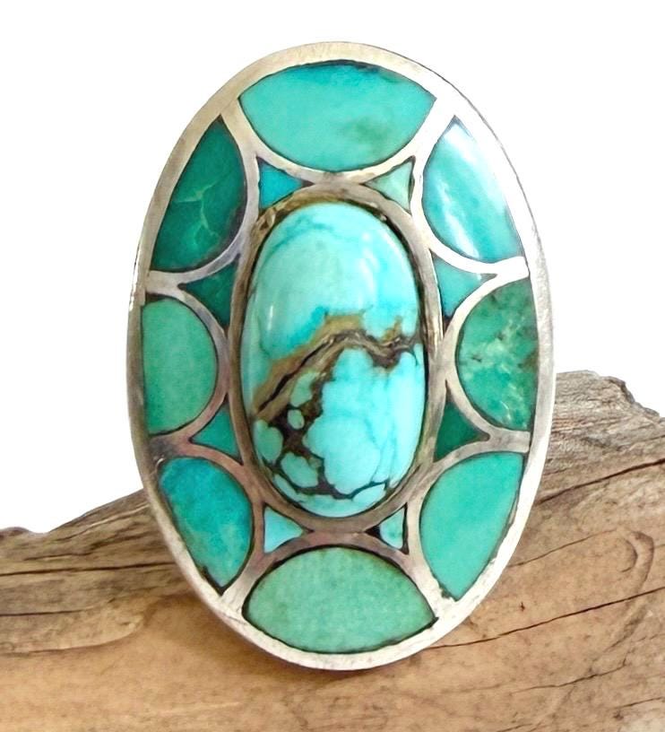 Hefty Zuni Turquoise Ring Signed Vintage Native American Sterling Silver