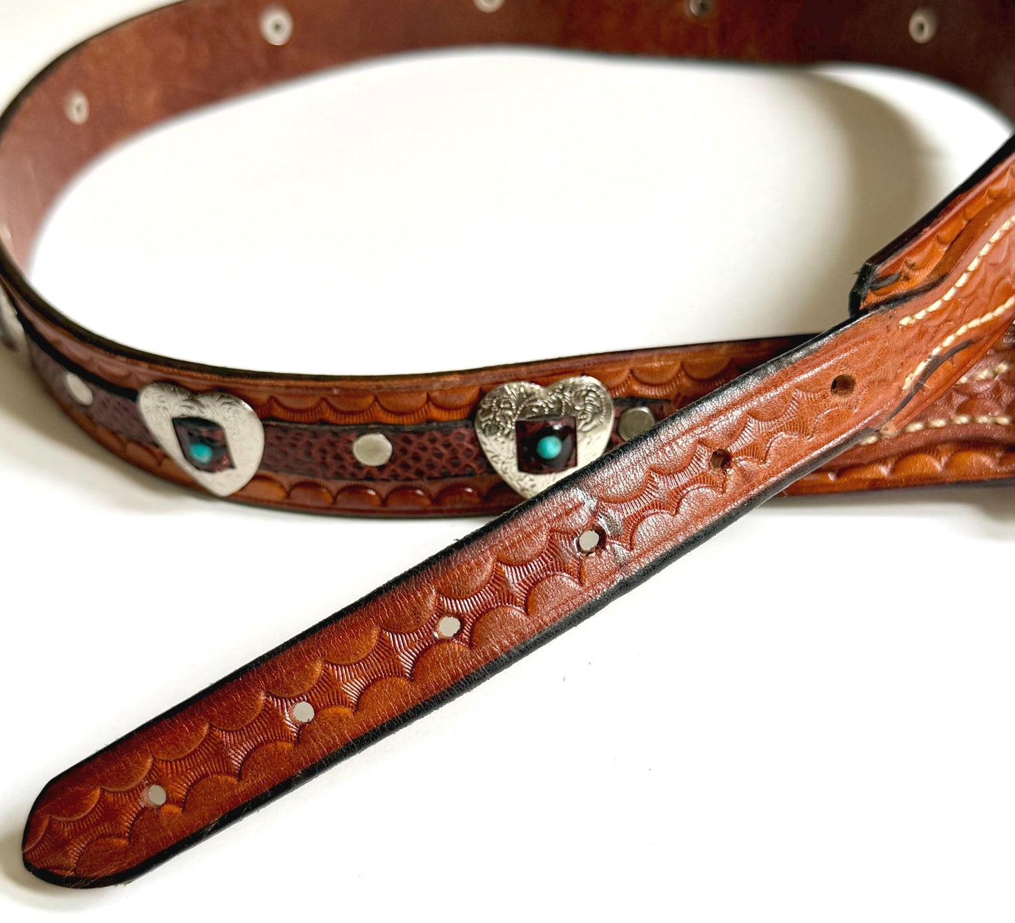 Vintage Western Concho Belt Brown Leather Heart Conchas Turquoise Accents