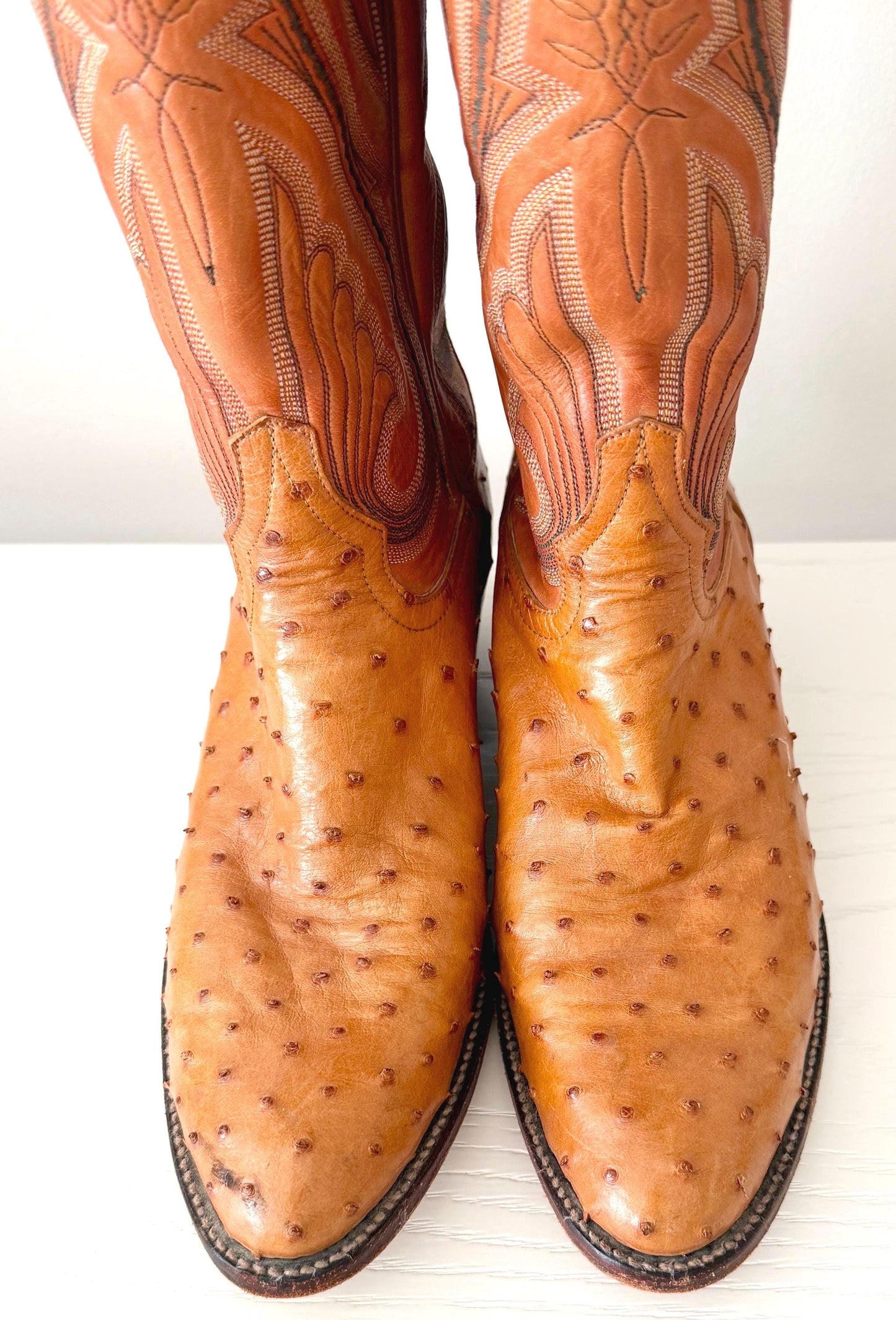 Vintage Larry Mahan Western Cowboy Boots Tan Brown Full Ostrich Quill and Leather