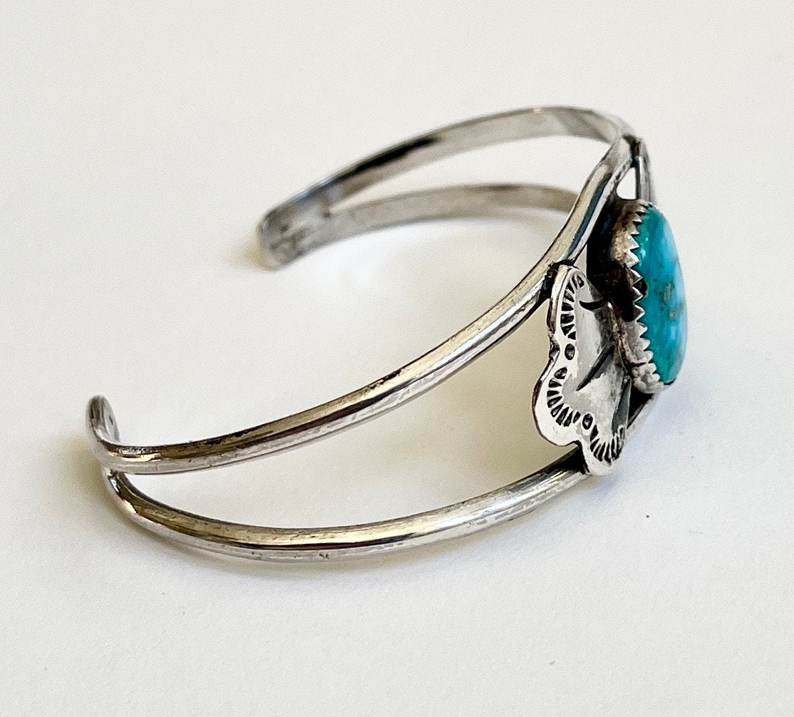Vintage Navajo Turquoise Cuff Bracelet, Sterling Silver Bow, Signed
