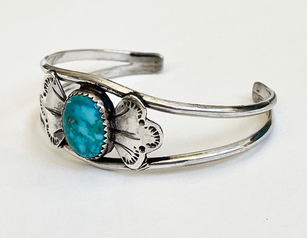 Vintage Navajo Turquoise Cuff Bracelet, Sterling Silver Bow, Signed