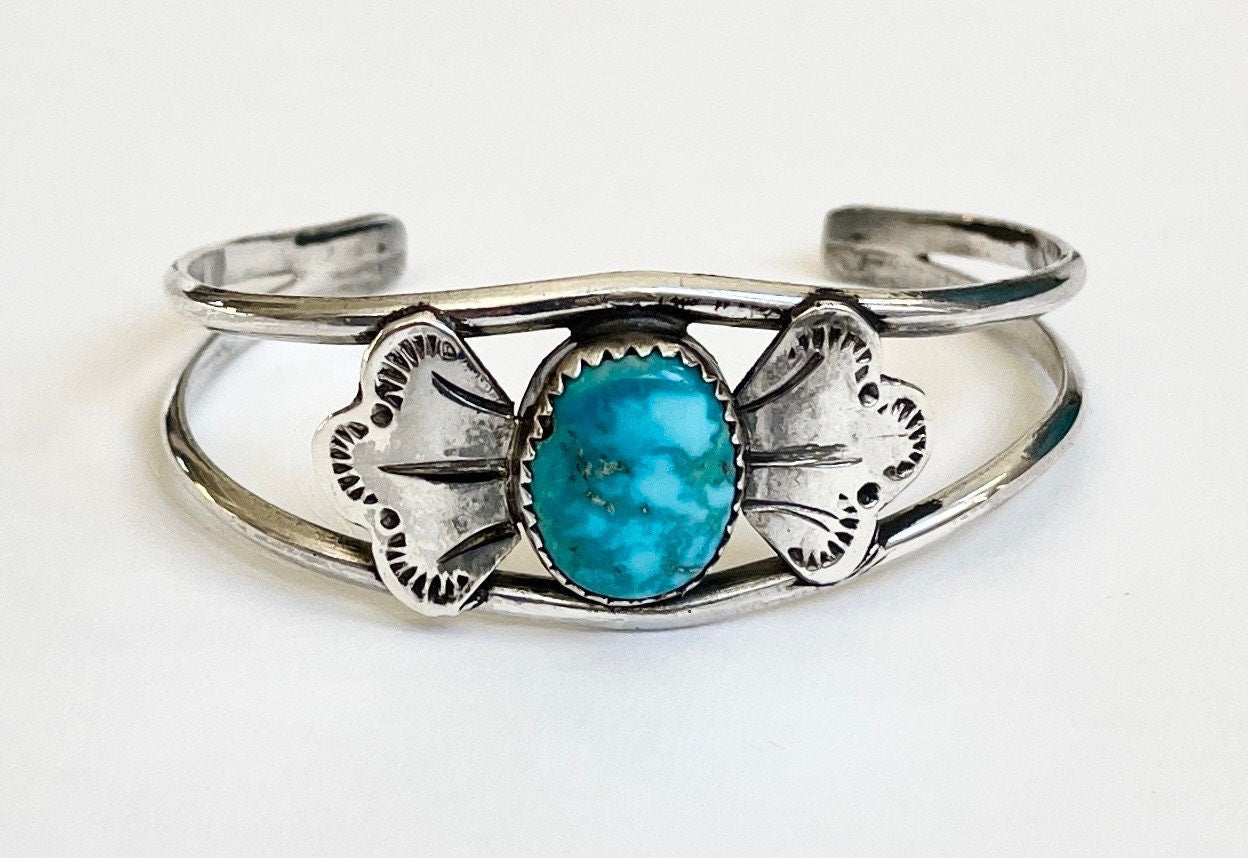 Vintage Navajo Turquoise Cuff Bracelet, Sterling Silver Bow, Signed