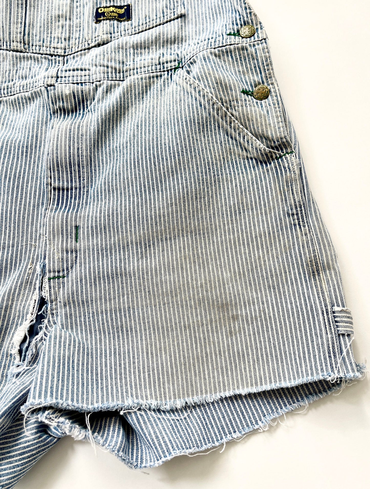 Vintage Oshkosh Striped Denim Overalls Shorts: Distressed Utility Jumpsuit