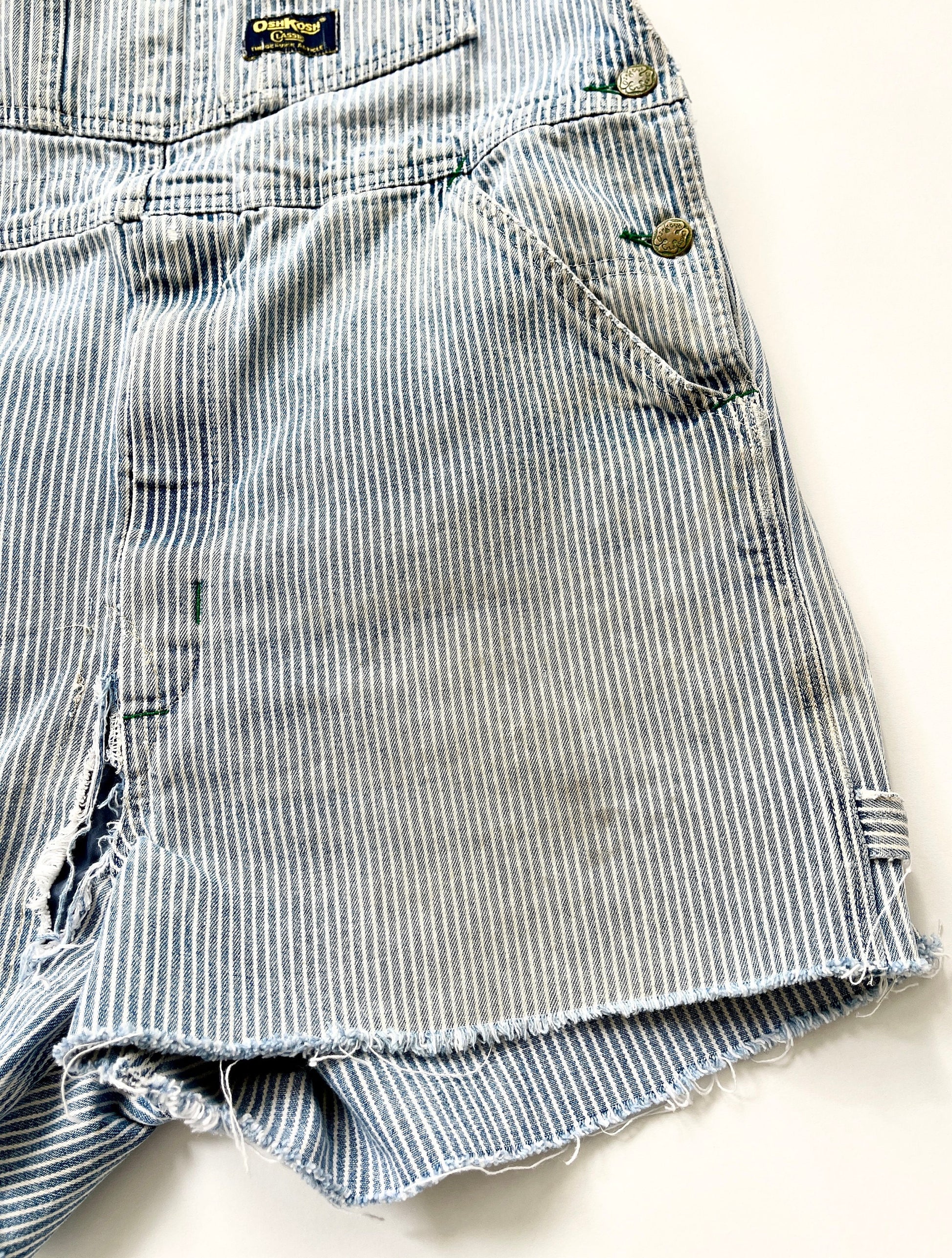 Vintage Oshkosh Striped Denim Overalls Shorts: Distressed Utility Jumpsuit