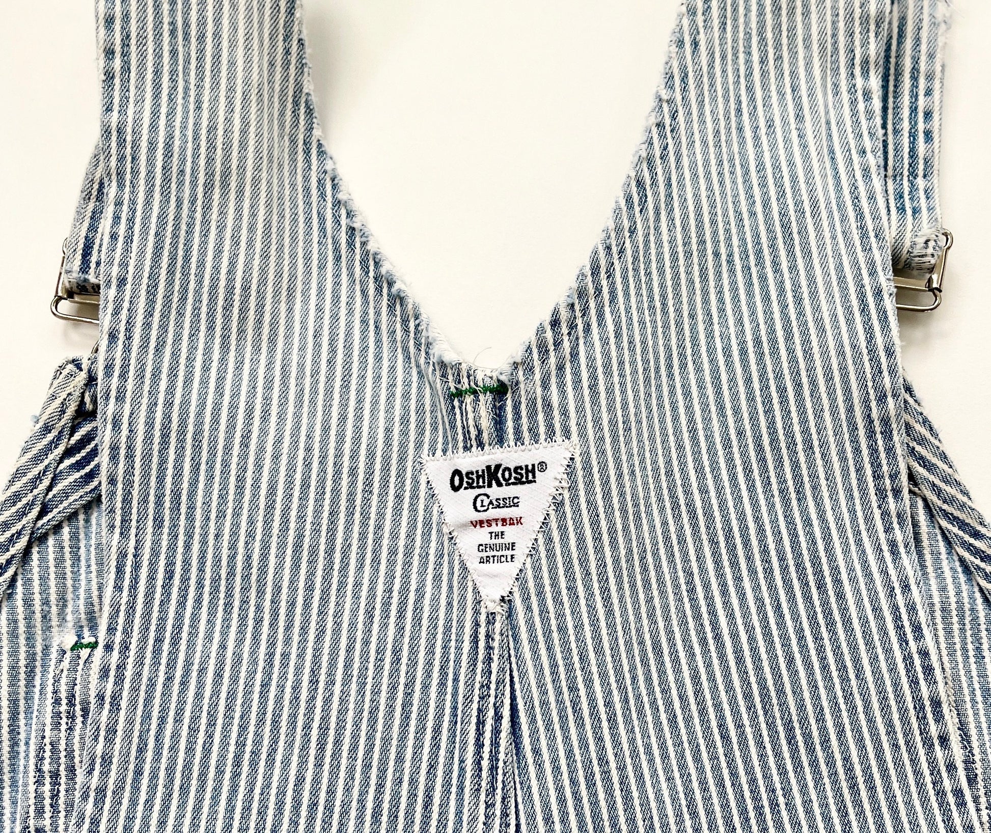 Vintage Oshkosh Striped Denim Overalls Shorts: Distressed Utility Jumpsuit