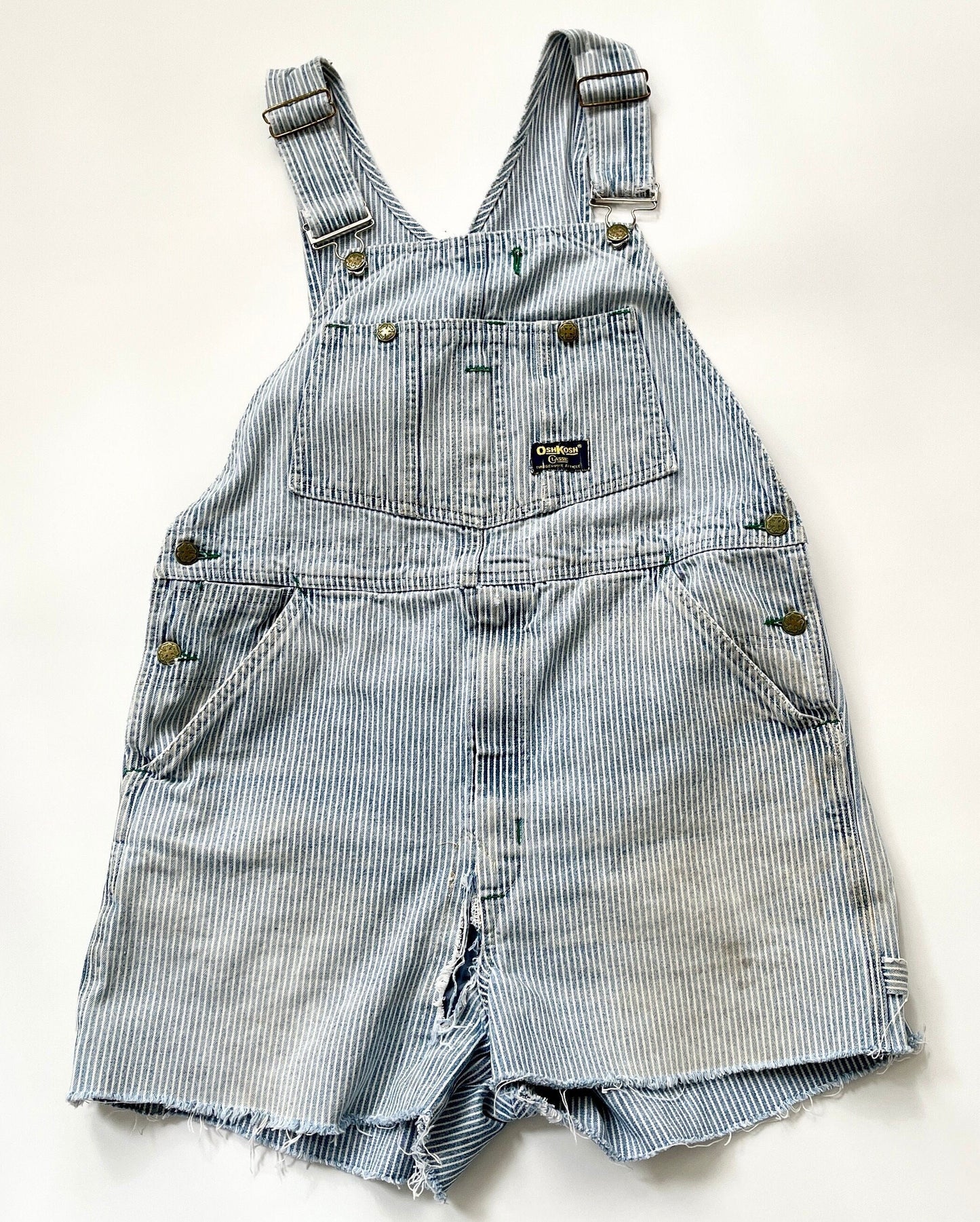 Vintage Oshkosh Striped Denim Overalls Shorts: Distressed Utility Jumpsuit