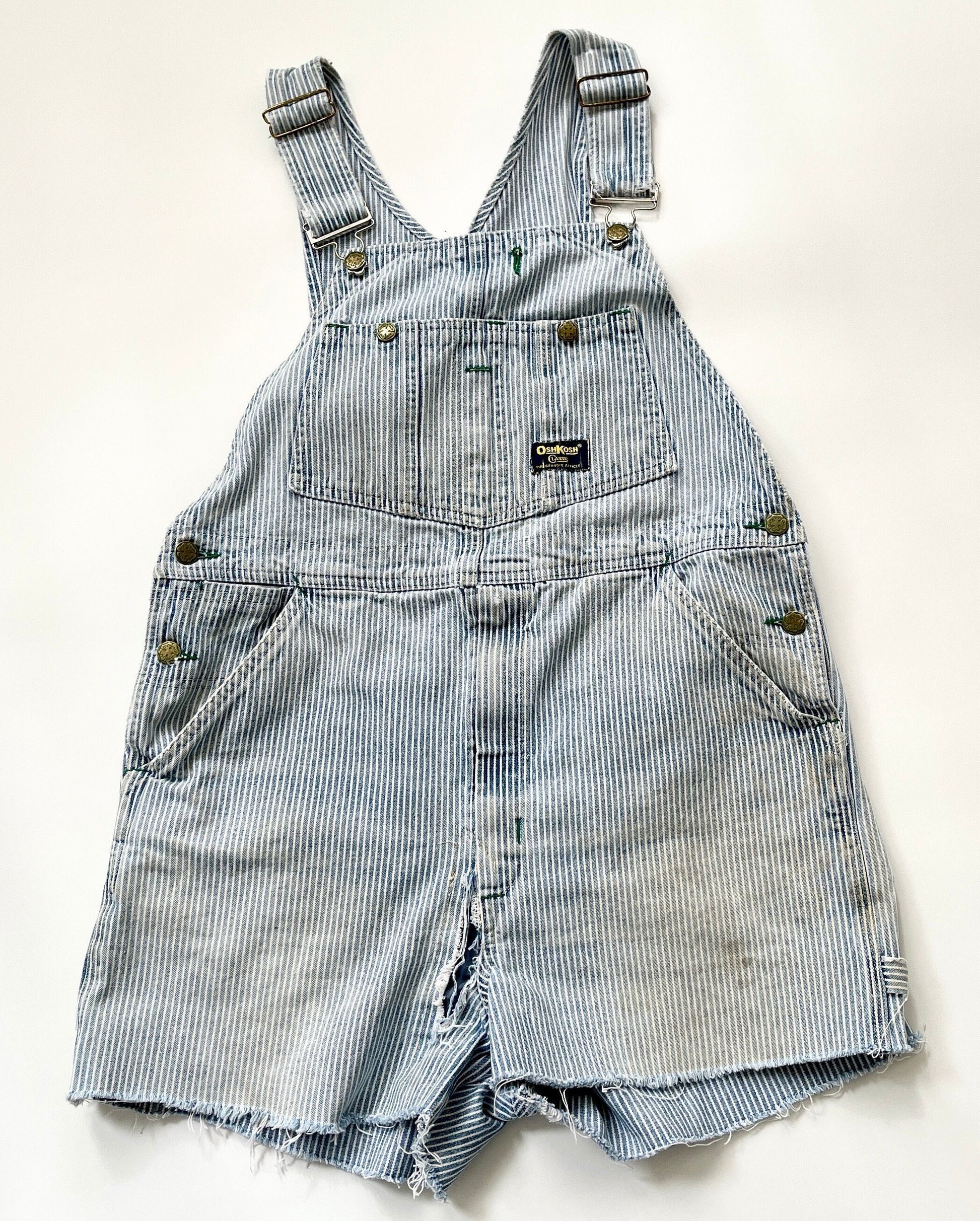 Vintage Oshkosh Striped Denim Overalls Shorts: Distressed Utility Jumpsuit