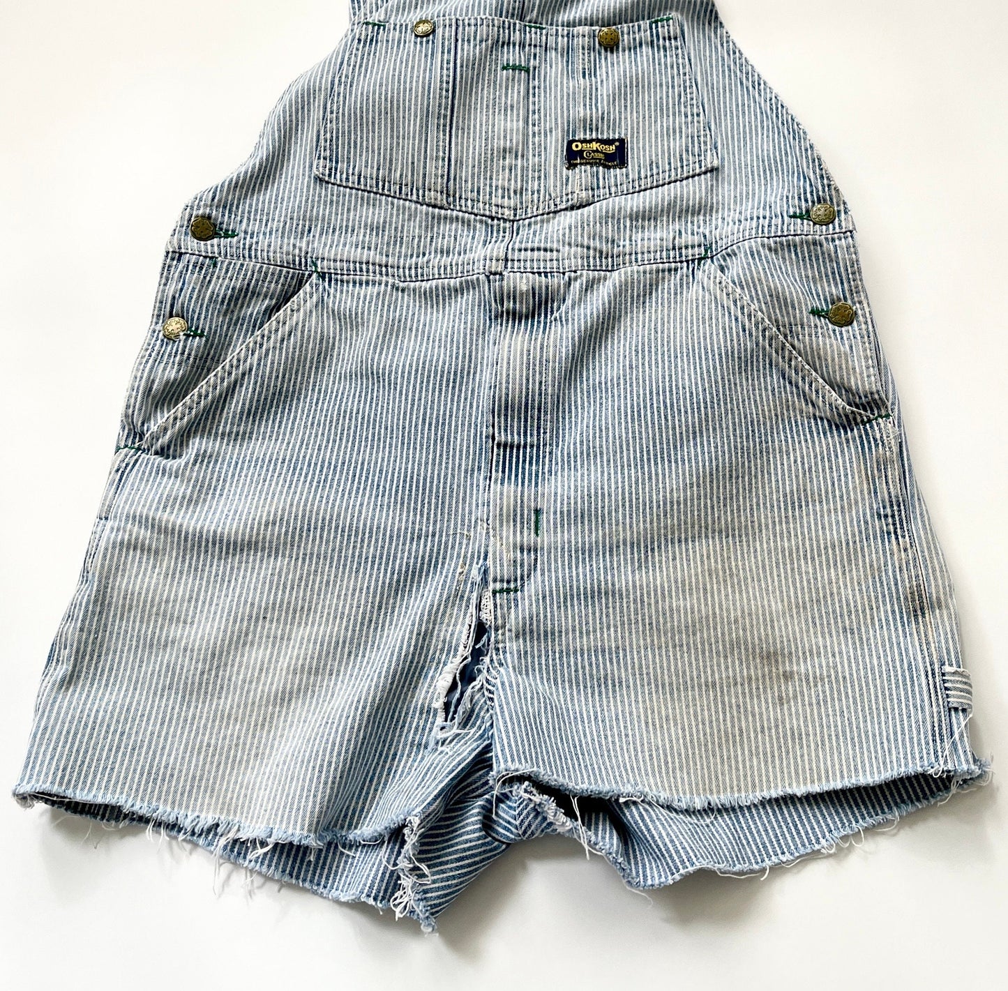 Vintage Oshkosh Striped Denim Overalls Shorts: Distressed Utility Jumpsuit