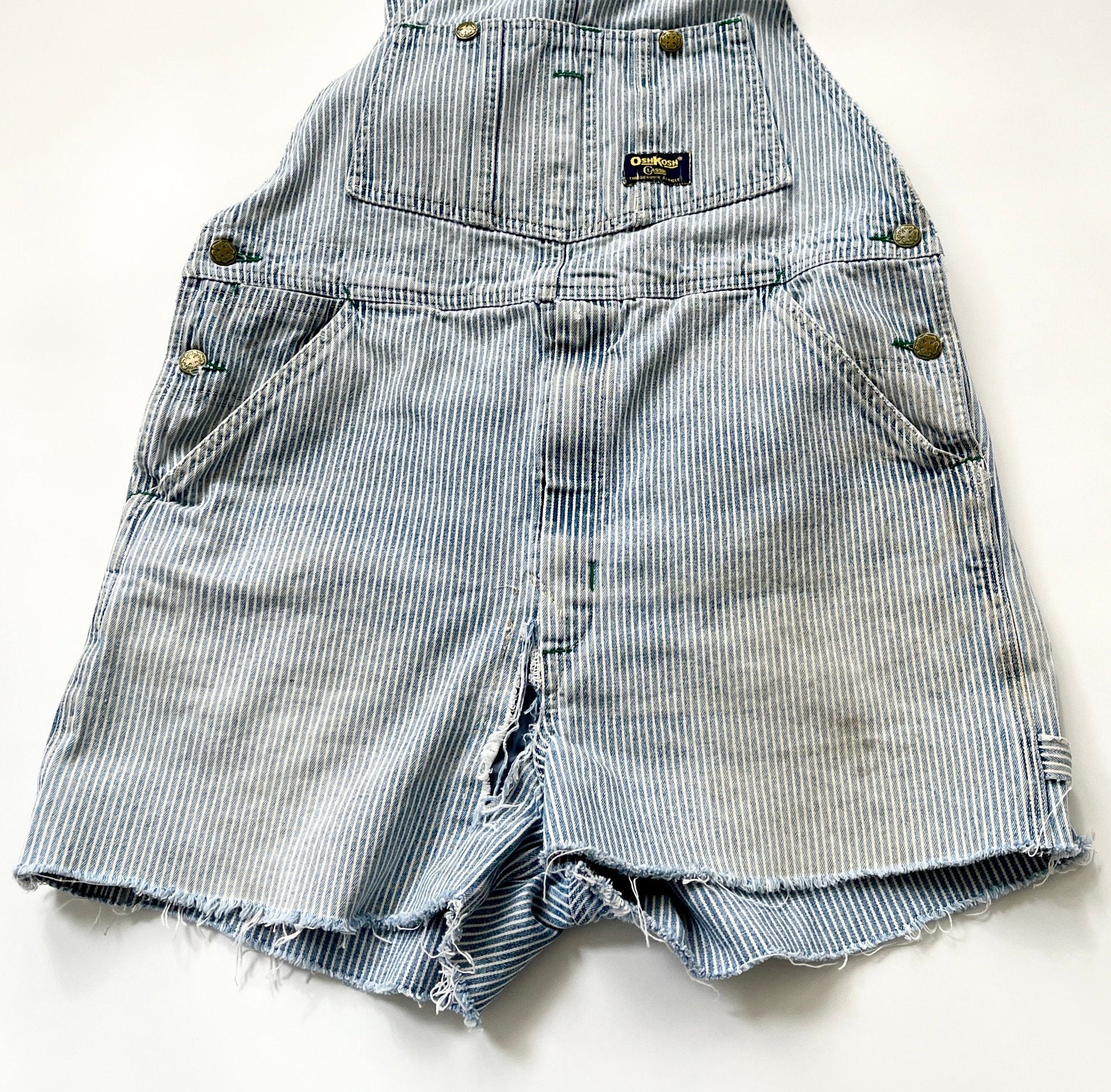 Vintage Oshkosh Striped Denim Overalls Shorts: Distressed Utility Jumpsuit