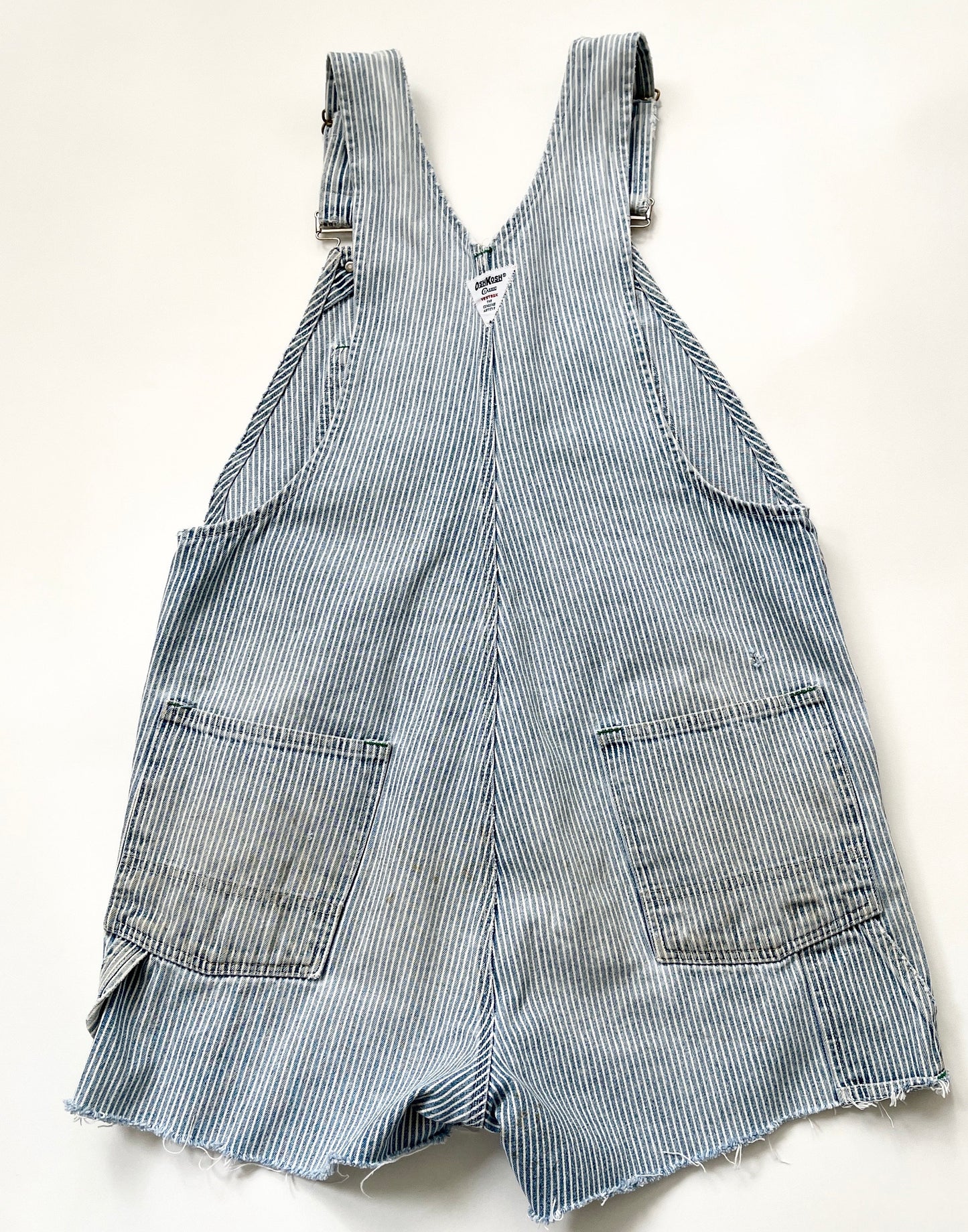 Vintage Oshkosh Striped Denim Overalls Shorts: Distressed Utility Jumpsuit