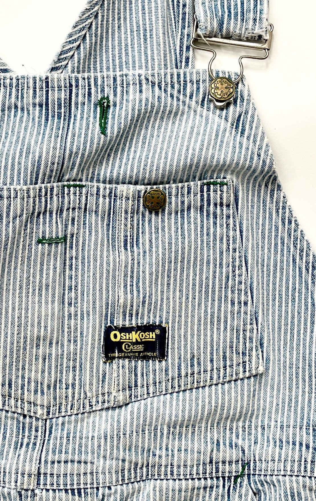 Vintage Oshkosh Striped Denim Overalls Shorts: Distressed Utility Jumpsuit