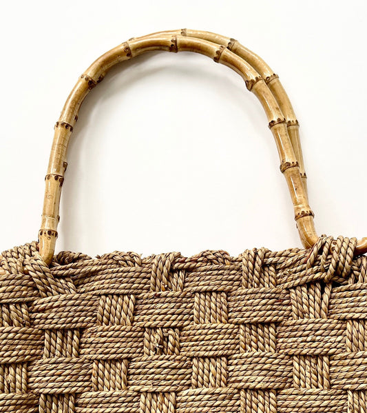 70s Vintage Sisal Tote Bag with Bamboo Handles