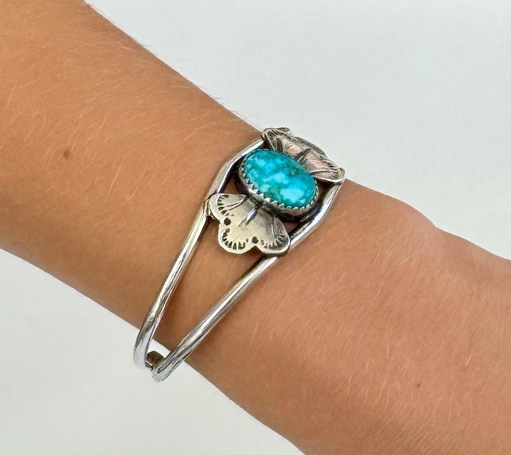 Vintage Navajo Turquoise Cuff Bracelet, Sterling Silver Bow, Signed