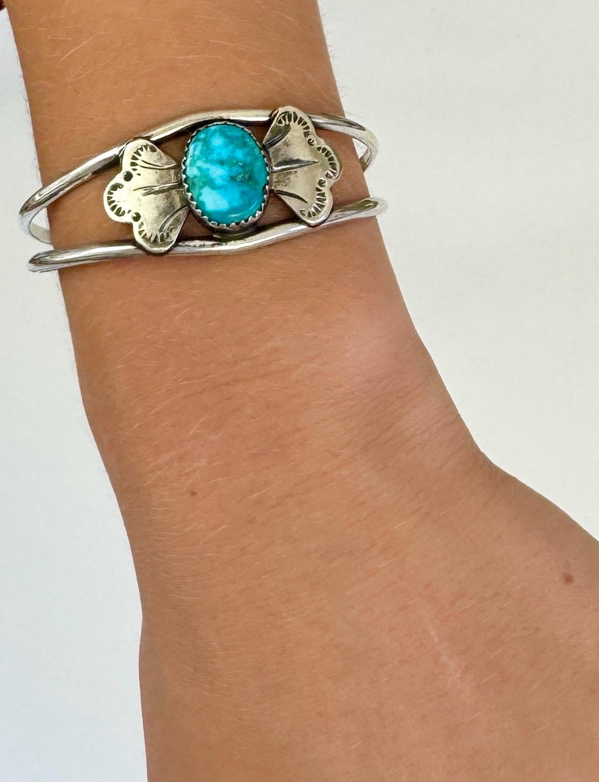 Vintage Navajo Turquoise Cuff Bracelet, Sterling Silver Bow, Signed