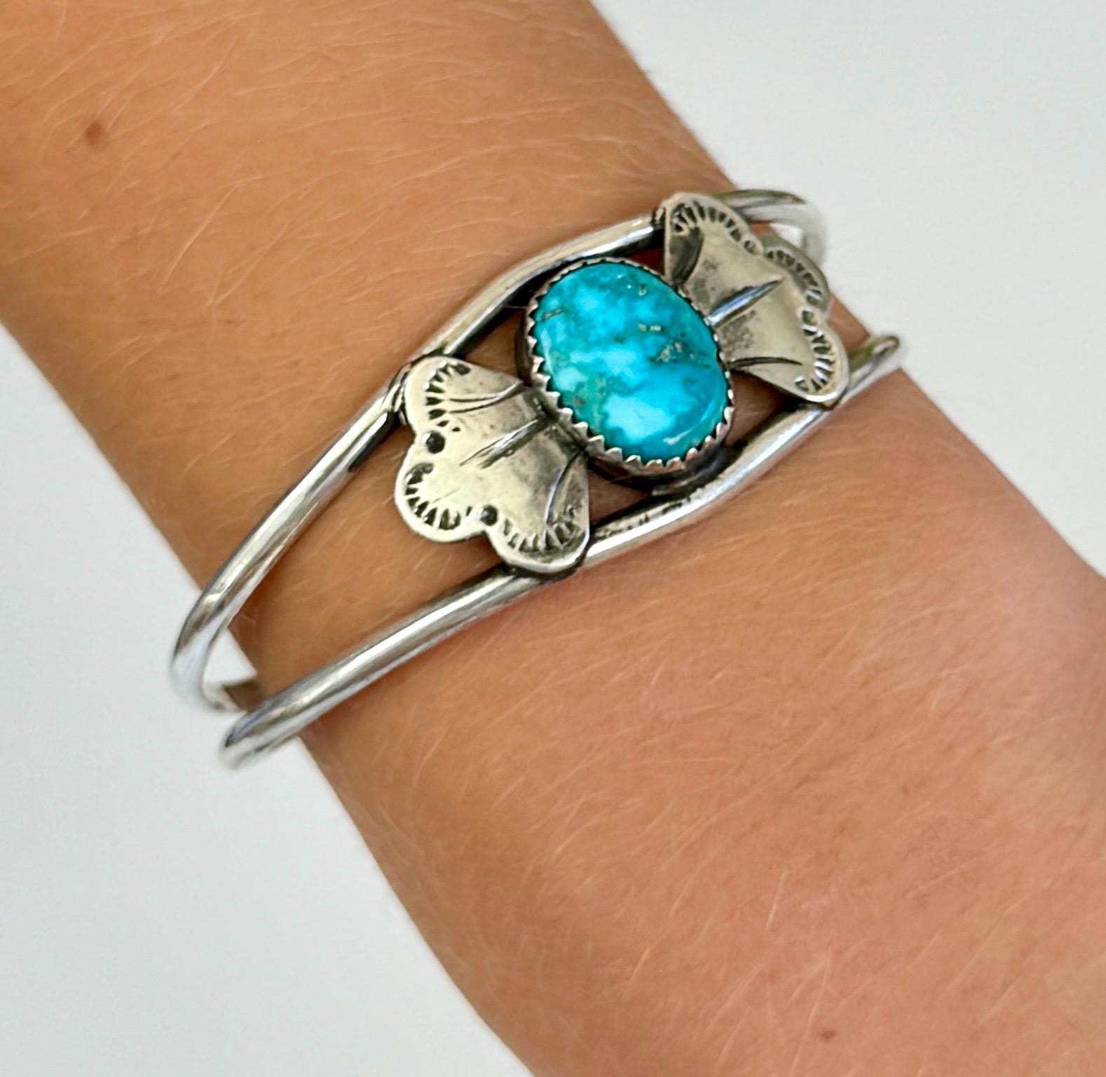 Vintage Navajo Turquoise Cuff Bracelet, Sterling Silver Bow, Signed