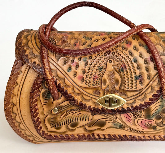 Vintage Peacock Tooled Leather Bag 70s Boho Tan Brown Bird Floral Hand Tooled Leather Large Top Handle Purse