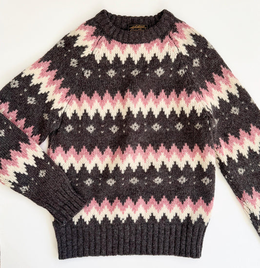 Vintage Fair Isle Sweater 80s Eddie Bauer Winter White Charcoal Gray Pink 100% Wool Crew Neck Sweater Womens XS