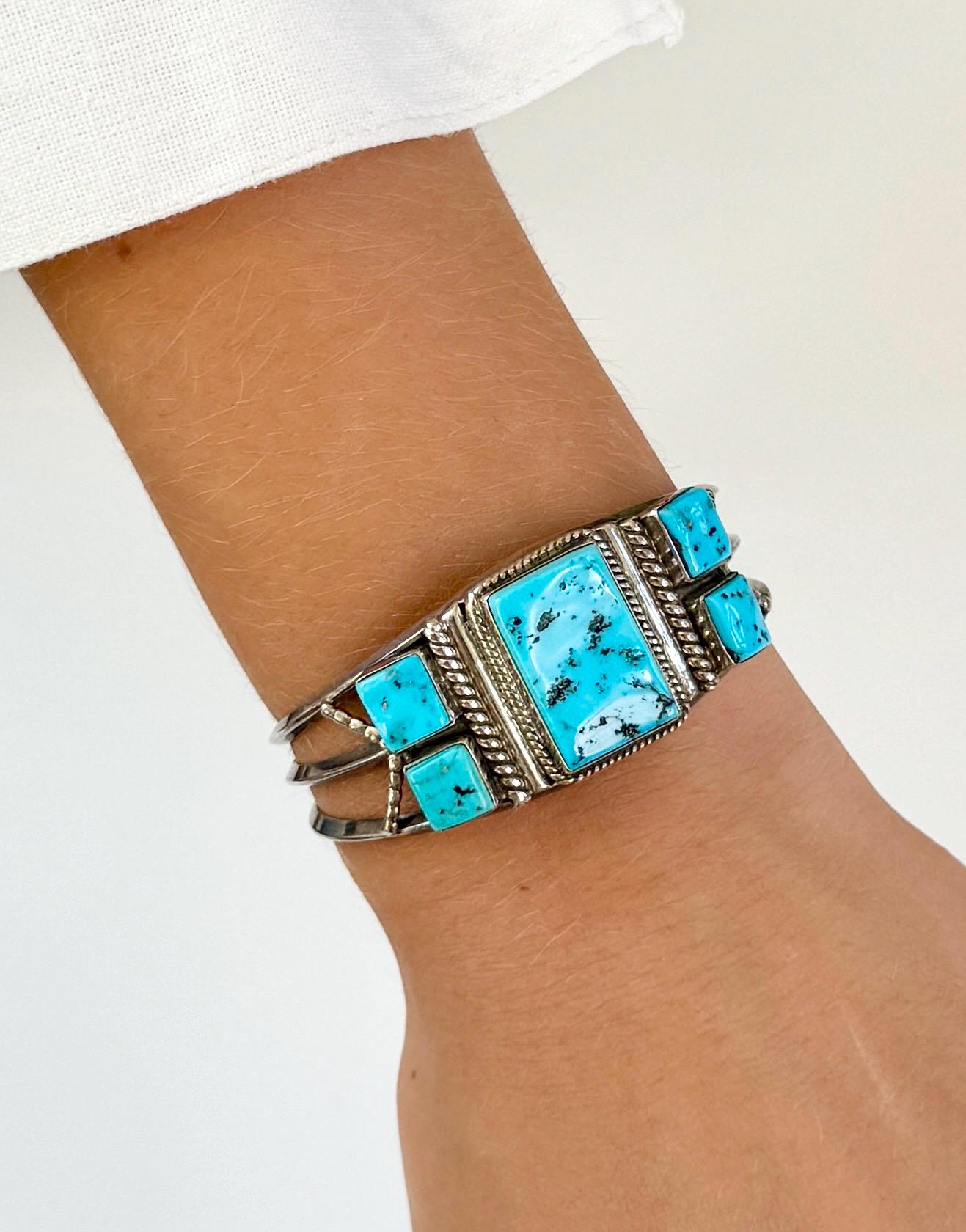 Vintage Navajo Kingman Turquoise Cuff Bracelet, Harrison Jim Sterling Silver