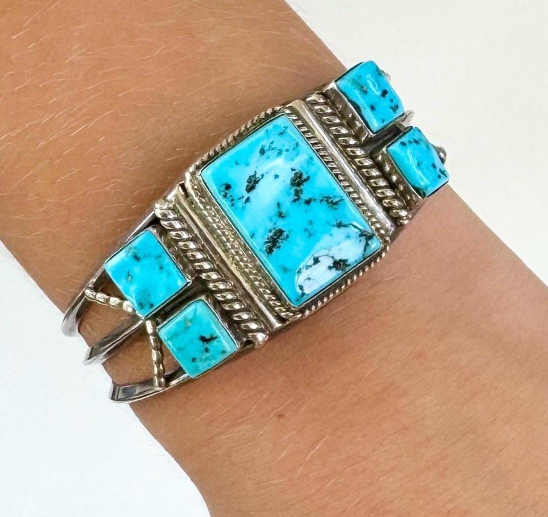 Vintage Navajo Kingman Turquoise Cuff Bracelet, Harrison Jim Sterling Silver