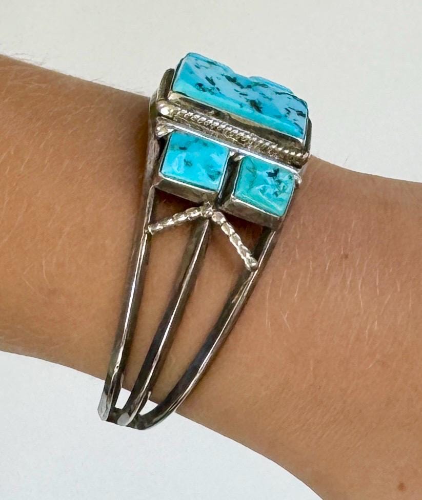 Vintage Navajo Kingman Turquoise Cuff Bracelet, Harrison Jim Sterling Silver