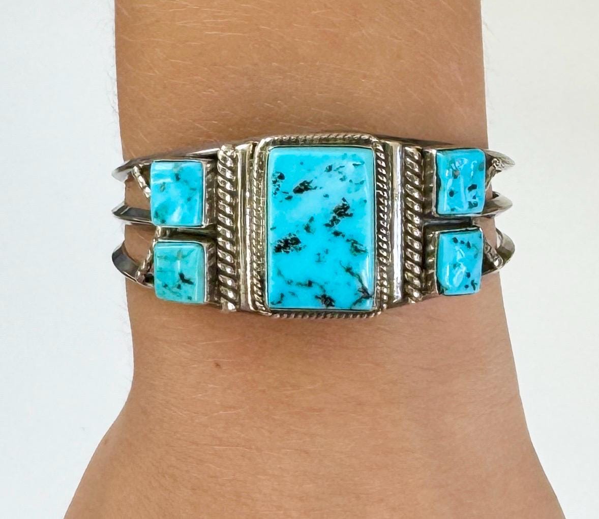 Vintage Navajo Kingman Turquoise Cuff Bracelet, Harrison Jim Sterling Silver