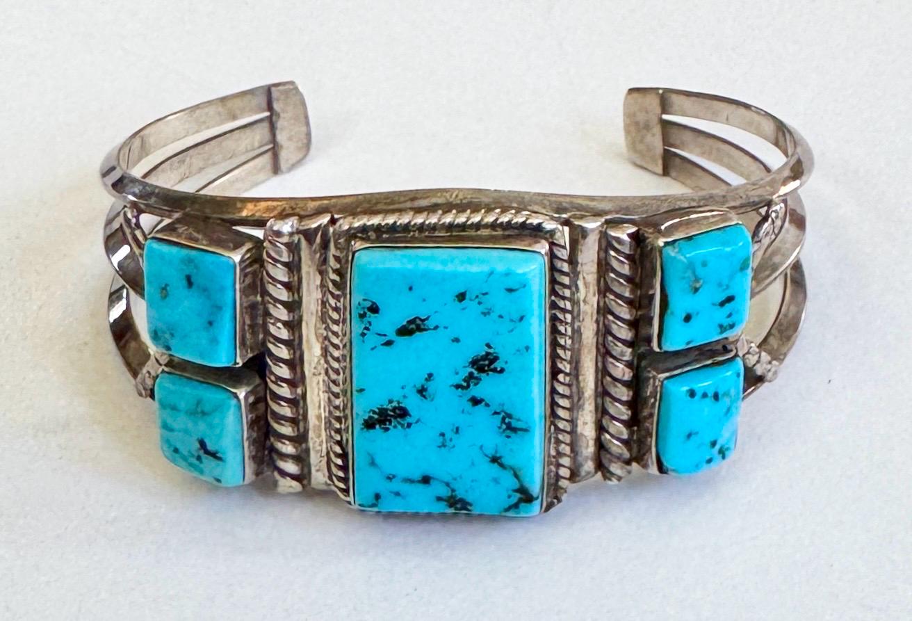 Vintage Navajo Kingman Turquoise Cuff Bracelet, Harrison Jim Sterling Silver