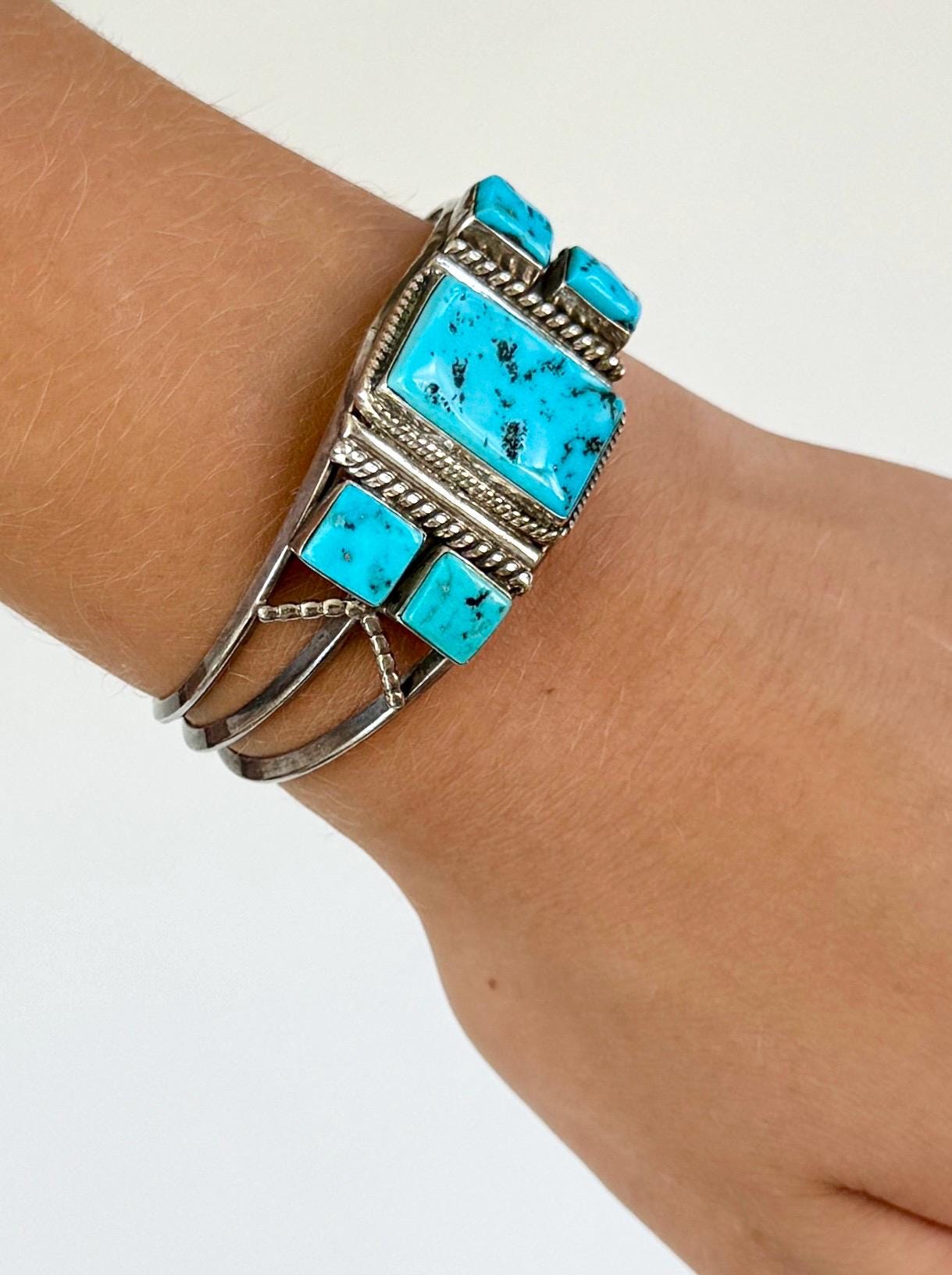 Vintage Navajo Kingman Turquoise Cuff Bracelet, Harrison Jim Sterling Silver