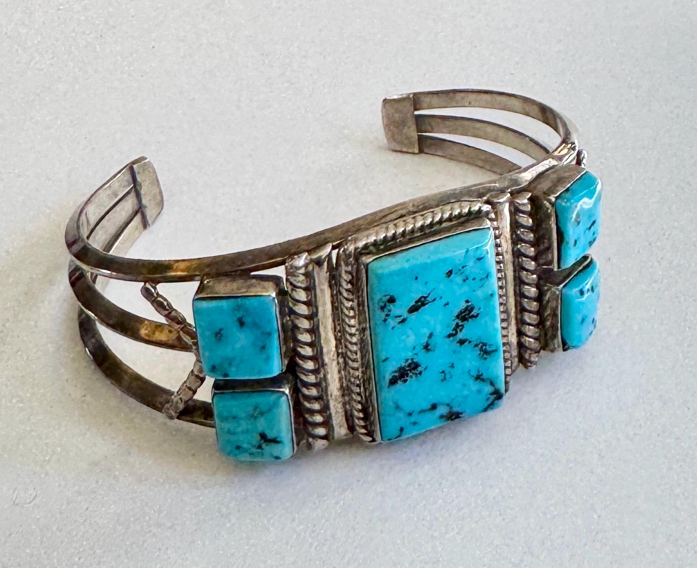 Vintage Navajo Kingman Turquoise Cuff Bracelet, Harrison Jim Sterling Silver