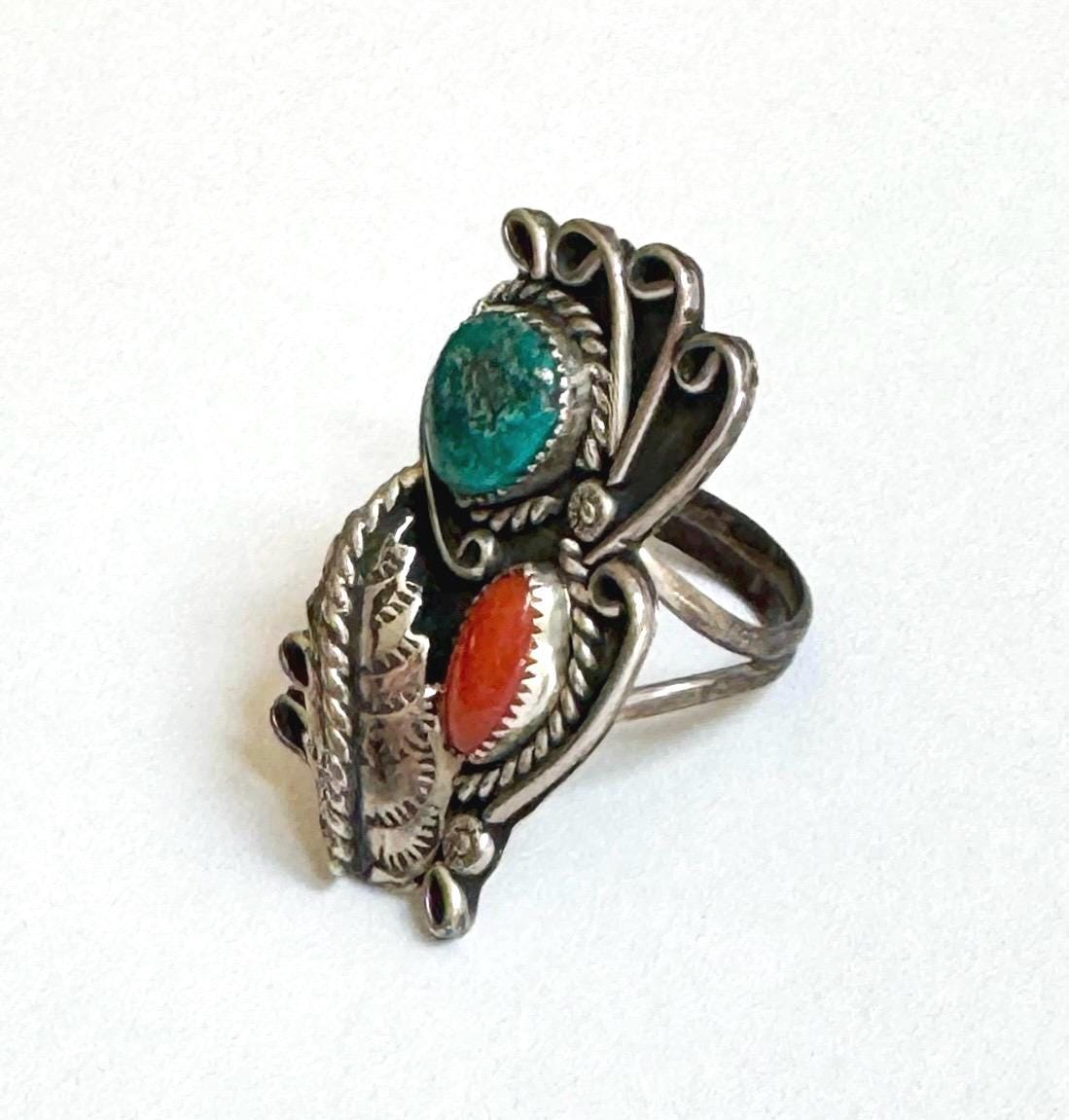 Vintage Navajo Turquoise 60s 70s Vintage Native American Sterling Silver Size 8.75 9