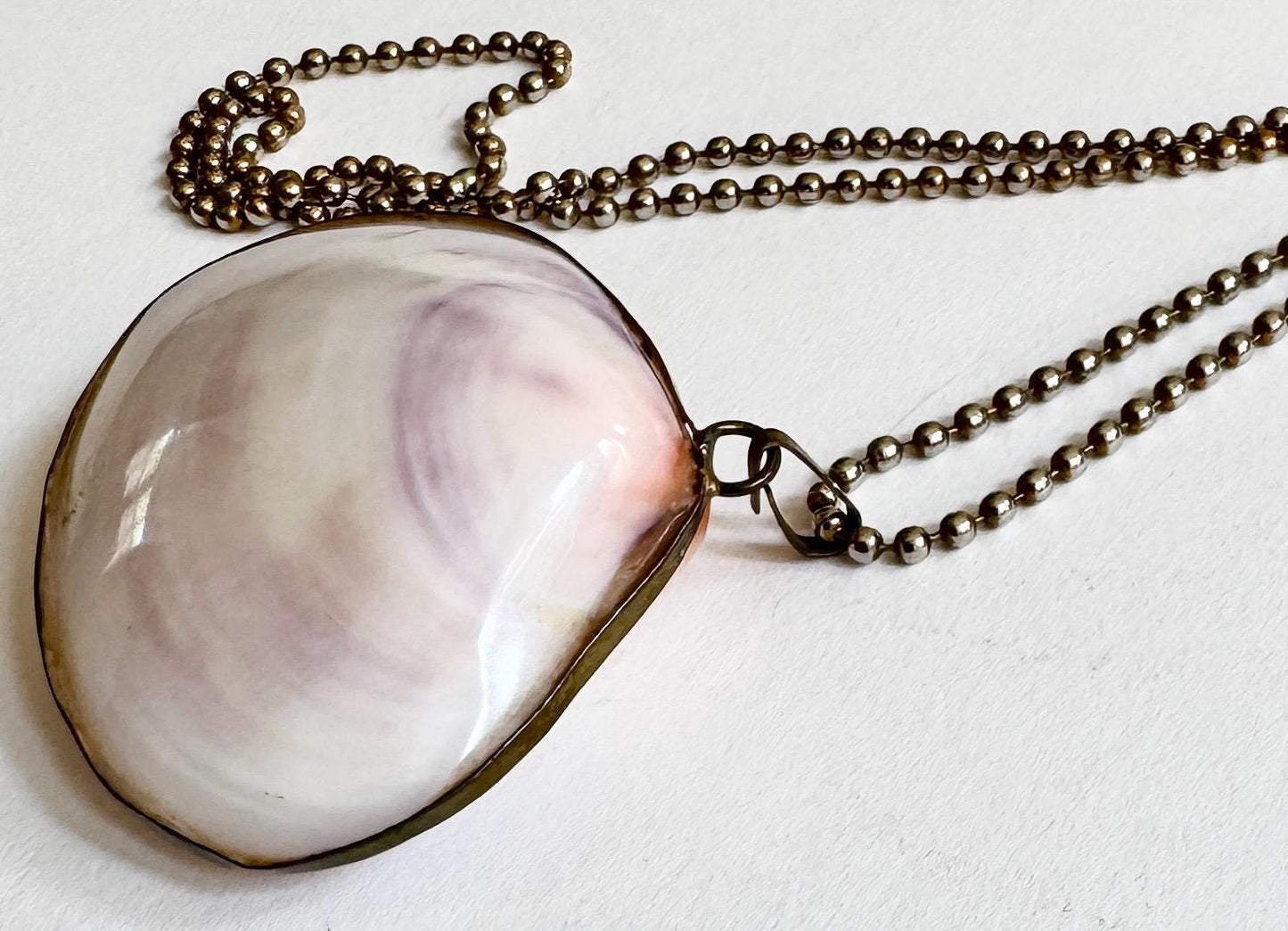 Vintage Scallop Shell Necklace: Brass Trimmed Pendant, Long Beaded Chain