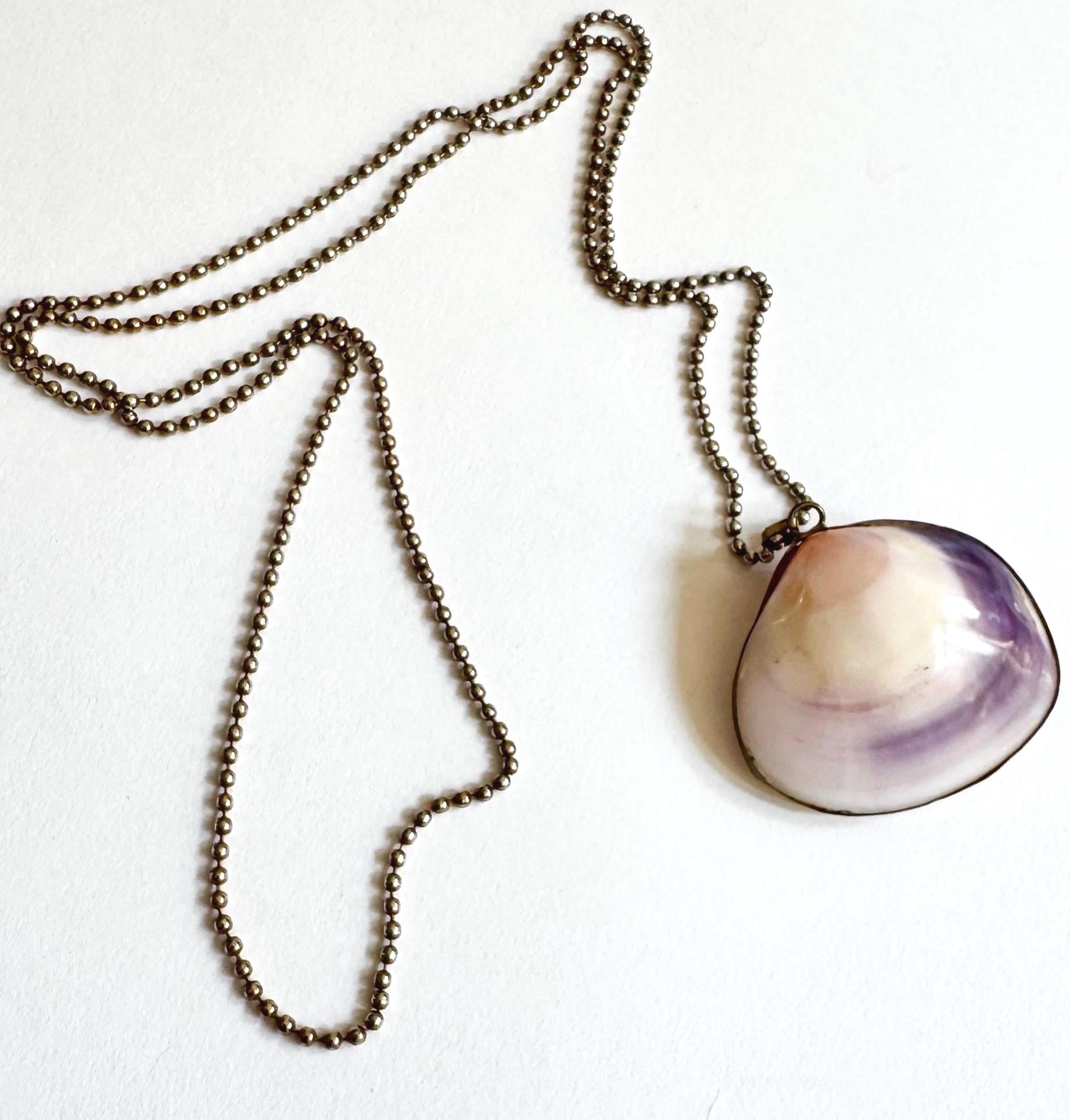 Vintage Scallop Shell Necklace: Brass Trimmed Pendant, Long Beaded Chain