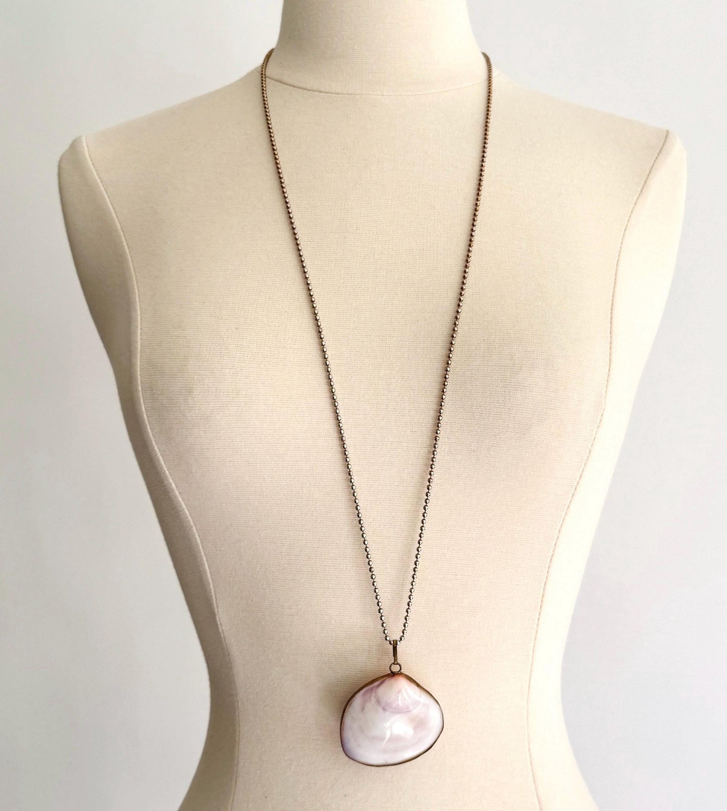 Vintage Scallop Shell Necklace: Brass Trimmed Pendant, Long Beaded Chain
