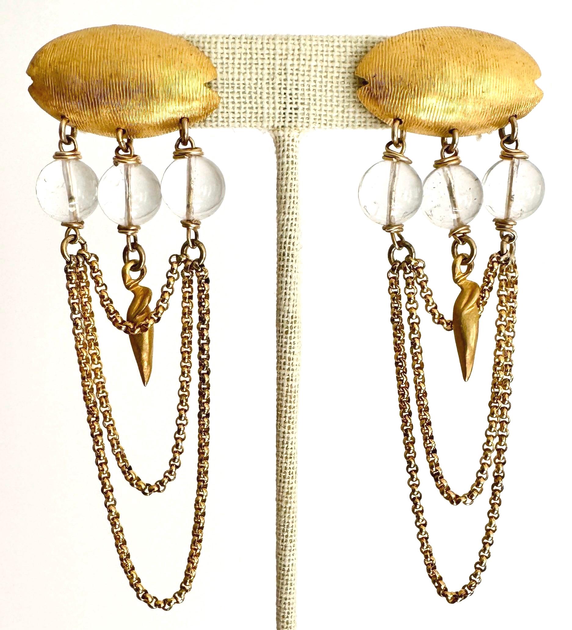 Vintage Celia Landman Dangle Earrings: Gold Chain Waterfall, Textured Beads