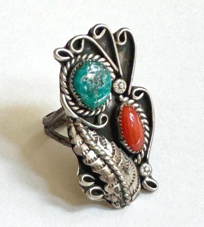 Vintage Navajo Turquoise 60s 70s Vintage Native American Sterling Silver Size 8.75 9