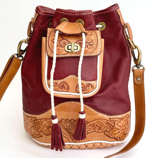 Vintage Tooled Leather Bucket Bag: Western Oxblood & Tan Purse