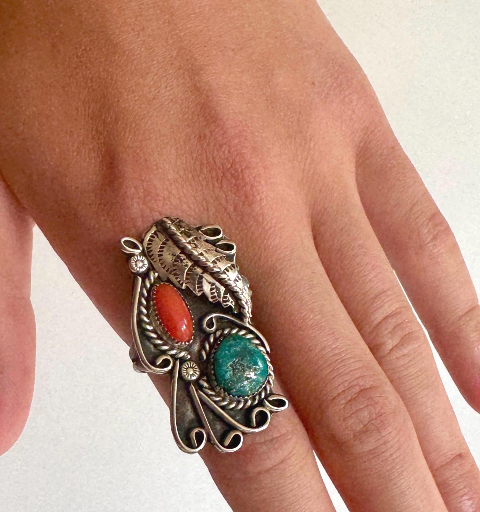 Vintage Navajo Turquoise 60s 70s Vintage Native American Sterling Silver Size 8.75 9
