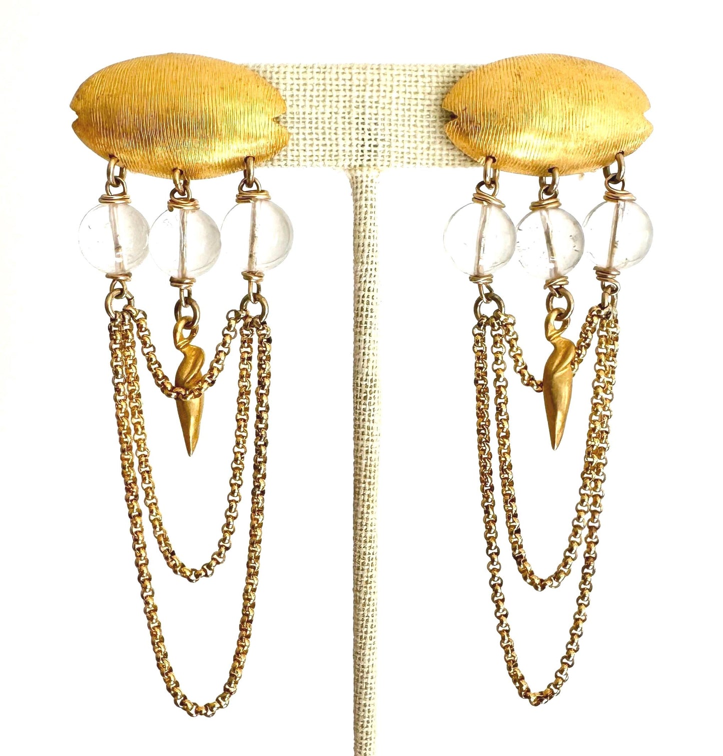 Vintage Celia Landman Dangle Earrings: Gold Chain Waterfall, Textured Beads