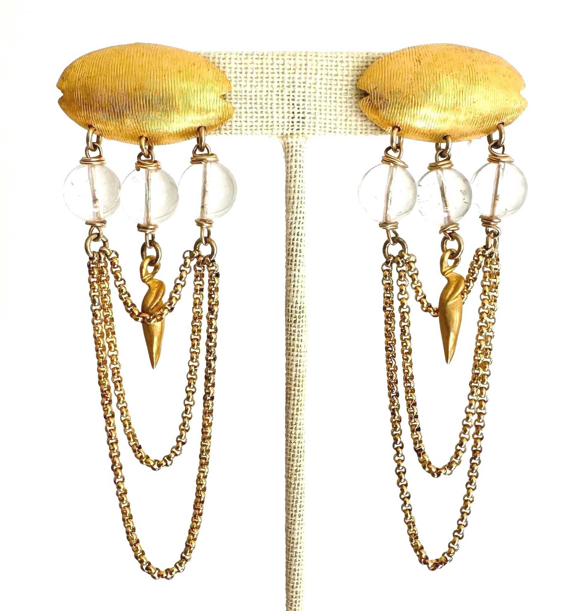 Vintage Celia Landman Dangle Earrings: Gold Chain Waterfall, Textured Beads