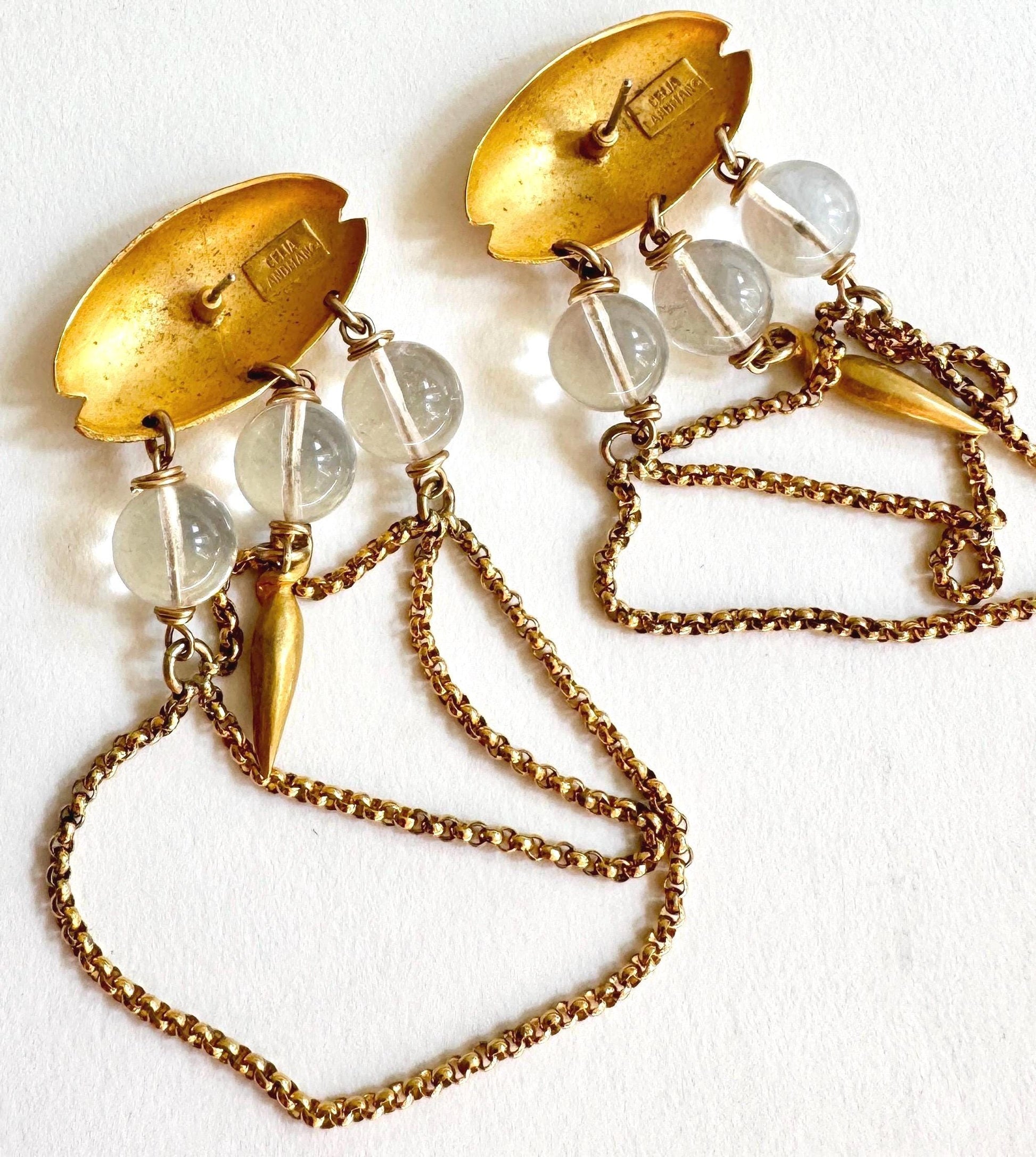 Vintage Celia Landman Dangle Earrings: Gold Chain Waterfall, Textured Beads