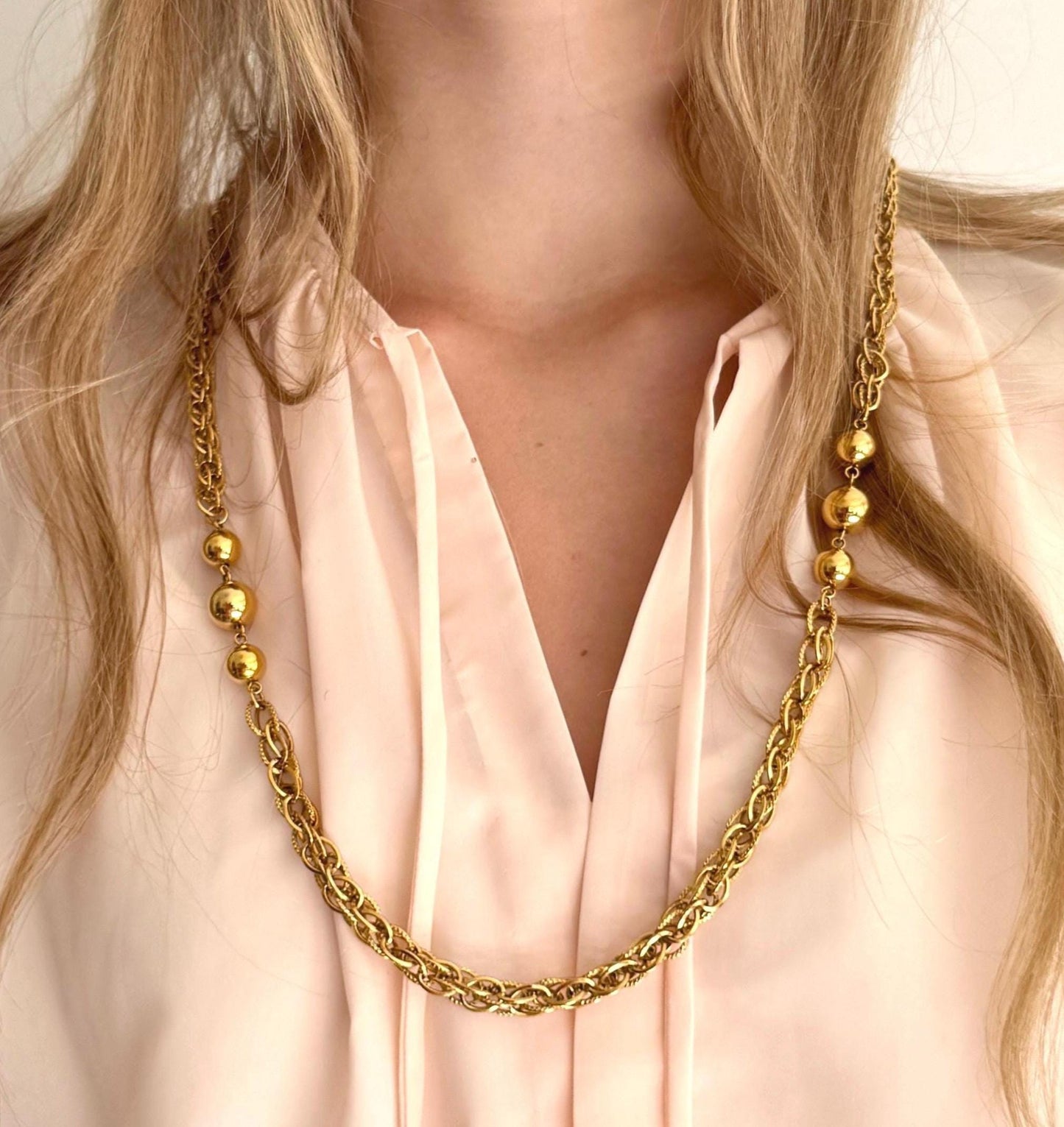 Vintage Napier Gold Chain Necklace: 80s Ball Bead Long Necklace