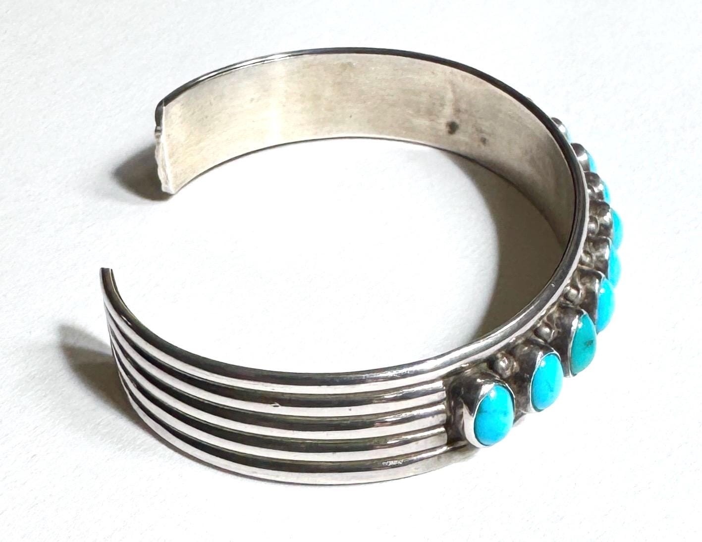 Signed Navajo Turquoise Cuff Bracelet Native American Handmade Sterling Silver
