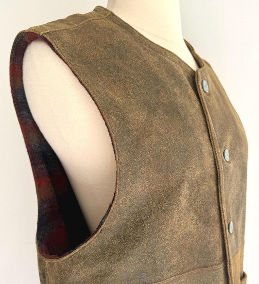 90s CK Leather Vest Vintage Calvin Klein Jeans Rugged Weathered Olive Brown Made in Korea Plaid Wool Lining Embossed Logo Buttons