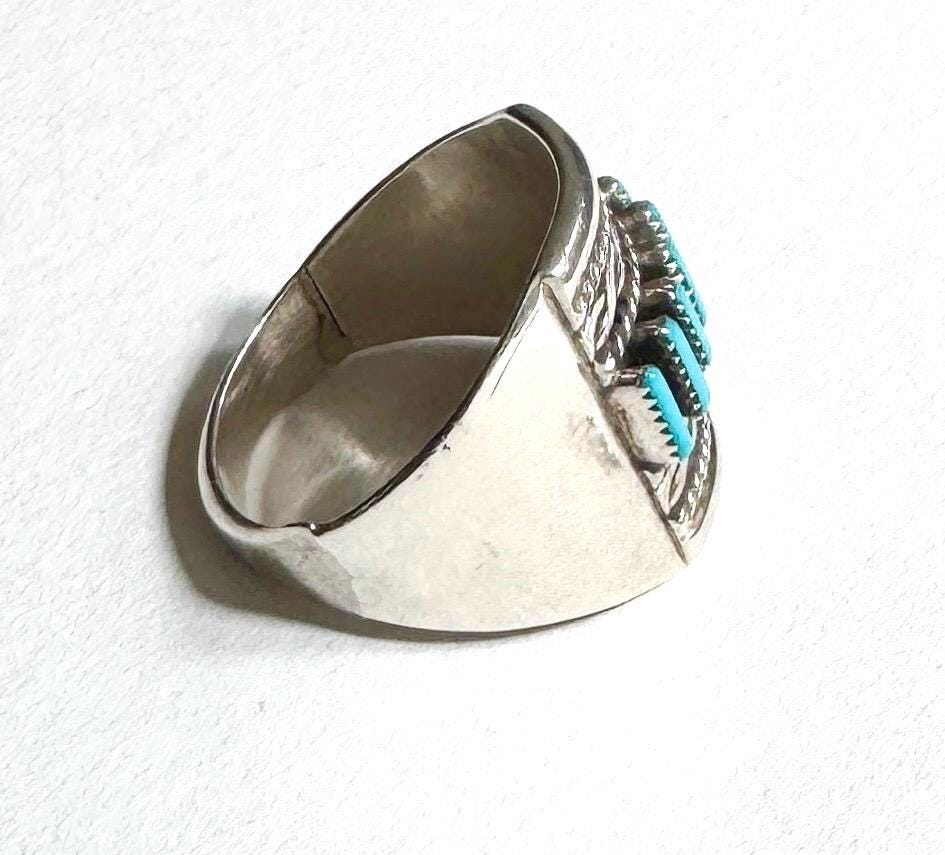 Vintage Zuni Turquoise Ring Native American Sterling Silver Needlepoint Turquoise Stones Signed F. HATTIE Size 7