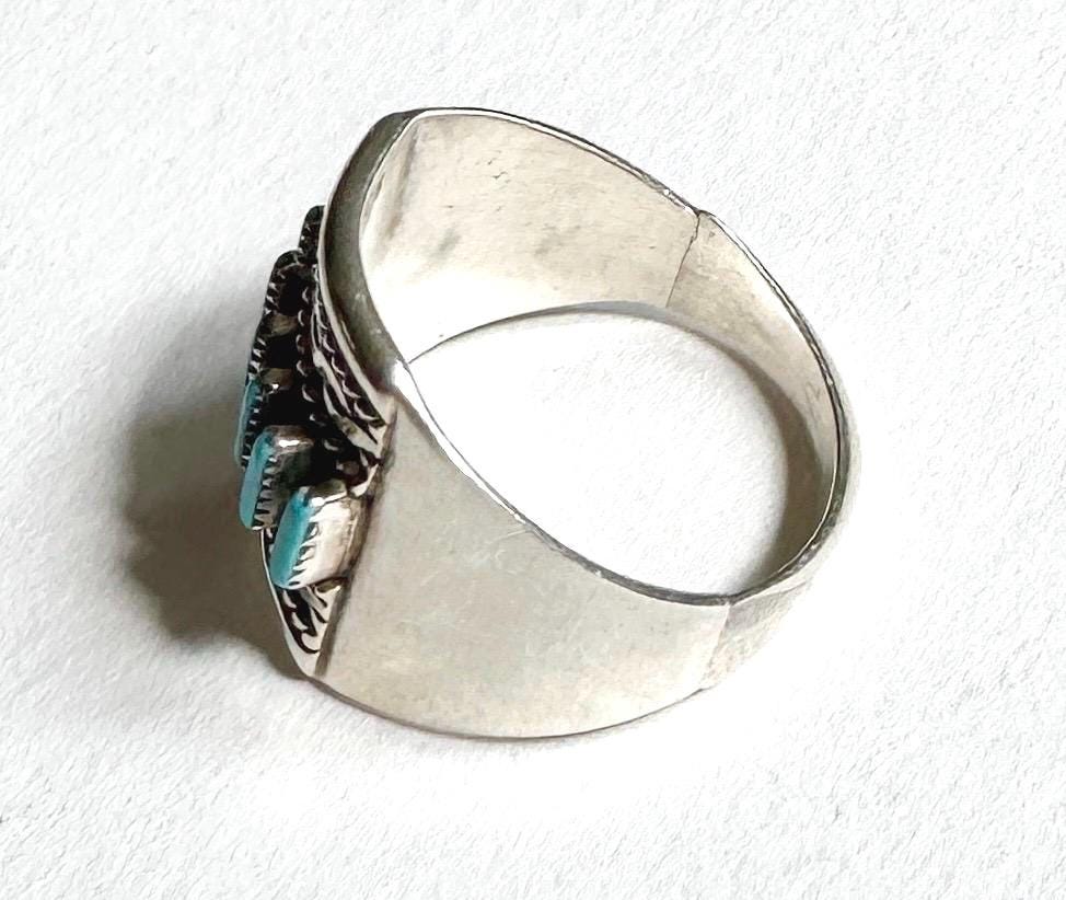 Vintage Zuni Turquoise Ring Native American Sterling Silver Needlepoint Turquoise Stones Signed F. HATTIE Size 7