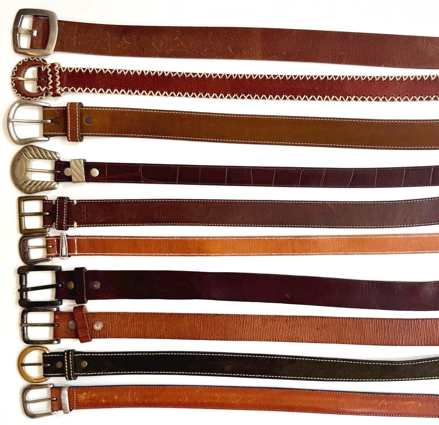 Vintage Solid Brown Leather Belt Worn Distressed Rugged Strap Silver Brass Buckle Plain Everyday Mens Womens Belt