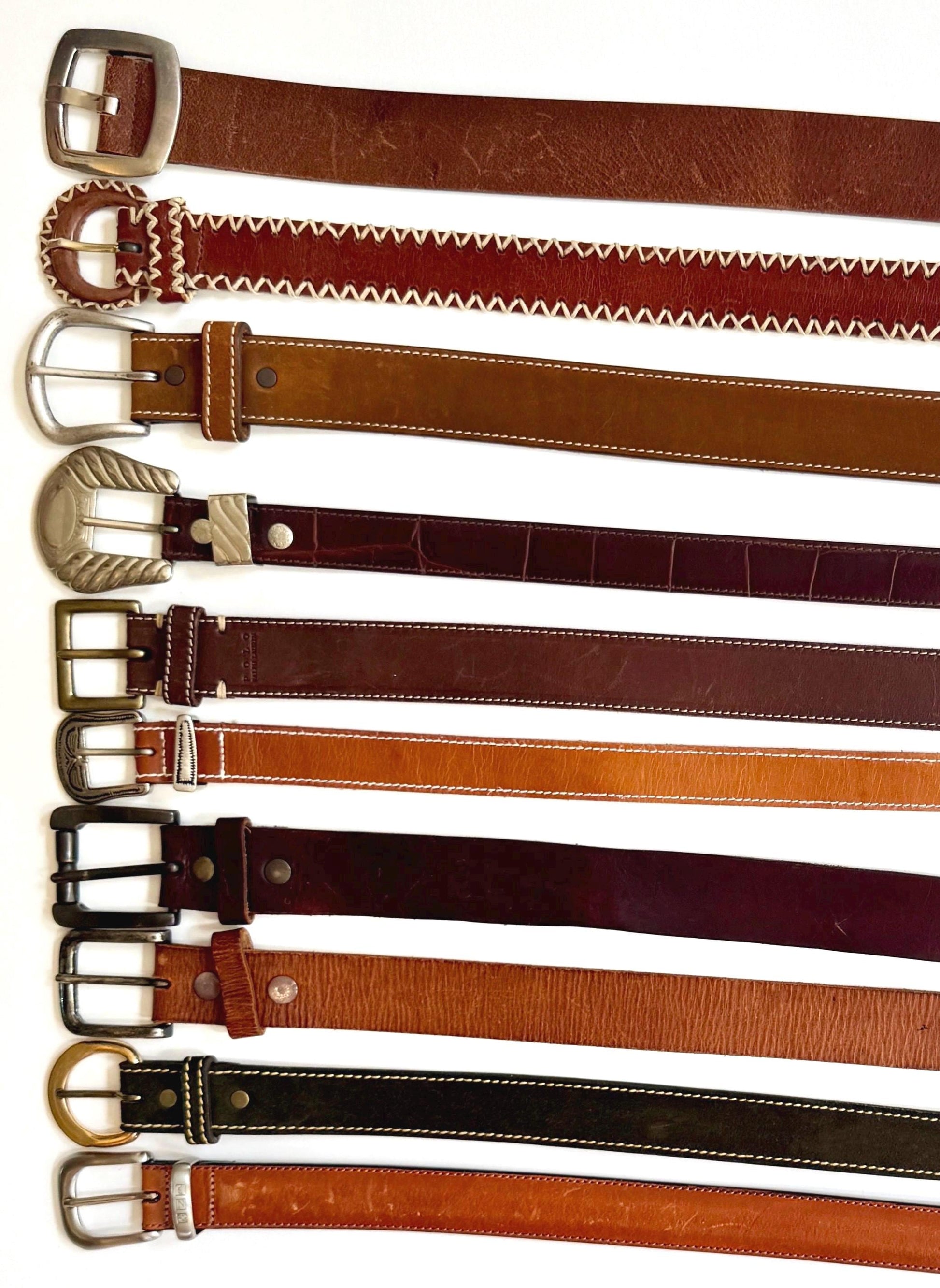Vintage Solid Brown Leather Belt Worn Distressed Rugged Strap Silver Brass Buckle Plain Everyday Mens Womens Belt
