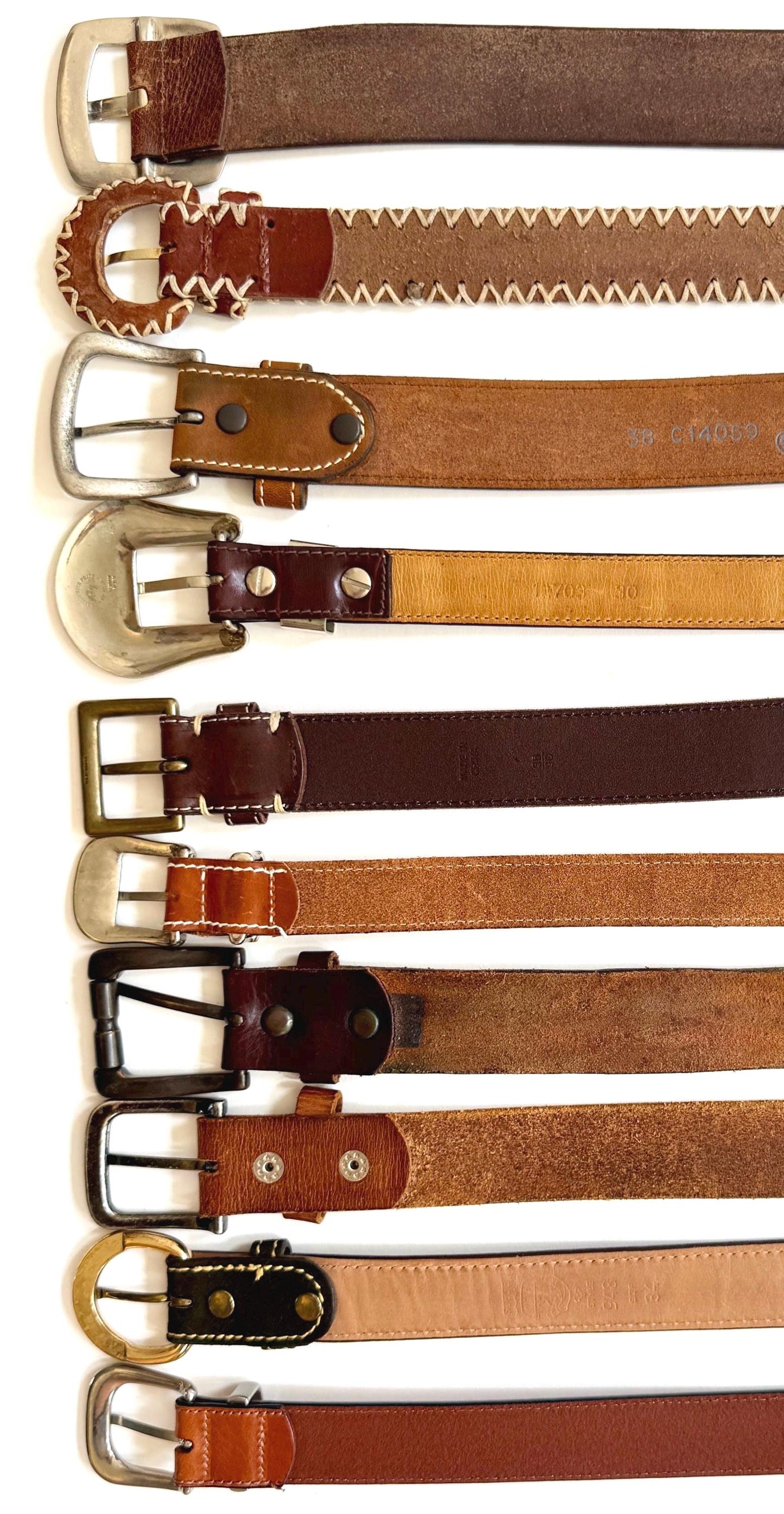 Vintage Solid Brown Leather Belt Worn Distressed Rugged Strap Silver Brass Buckle Plain Everyday Mens Womens Belt