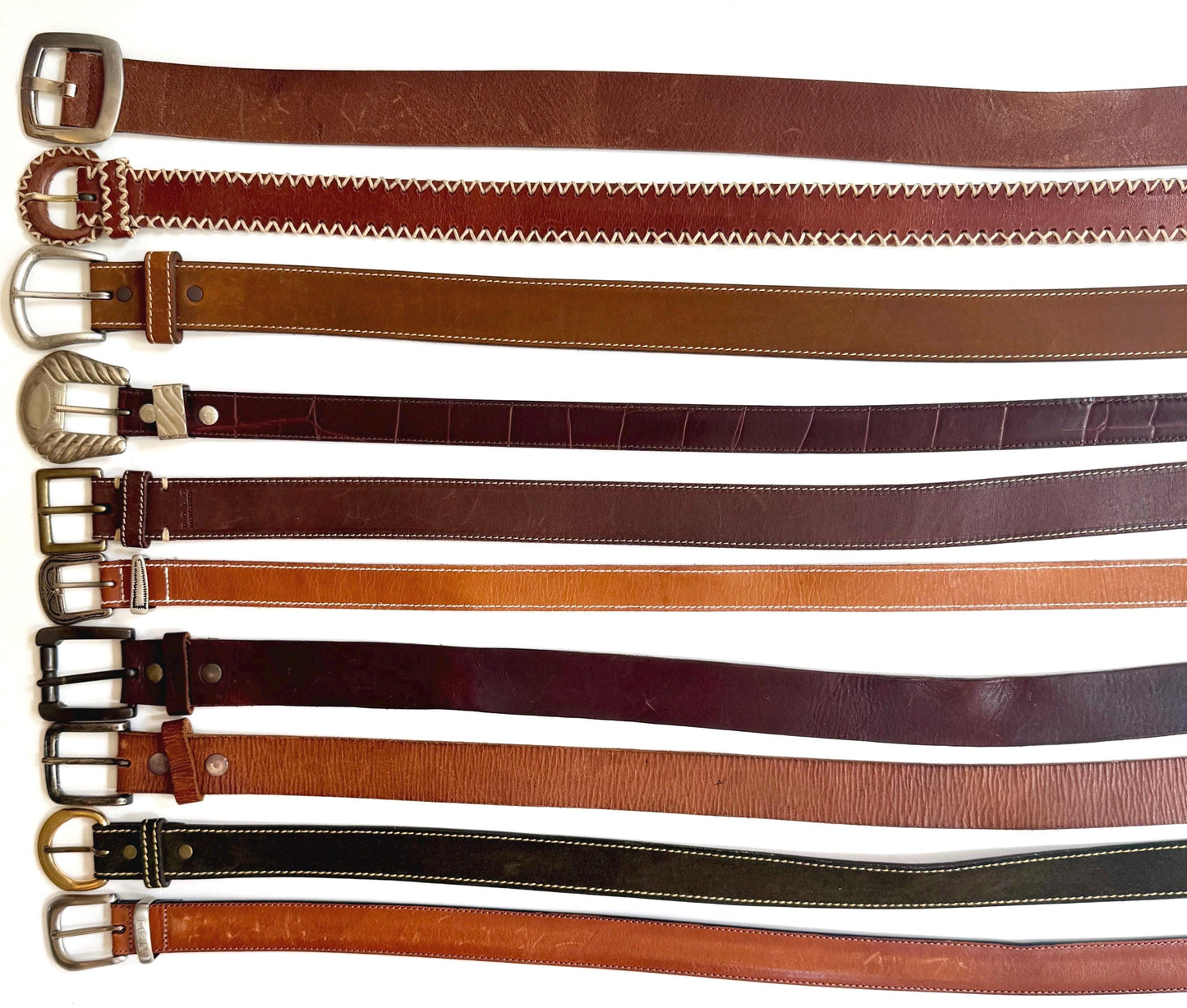 Vintage Solid Brown Leather Belt Worn Distressed Rugged Strap Silver Brass Buckle Plain Everyday Mens Womens Belt