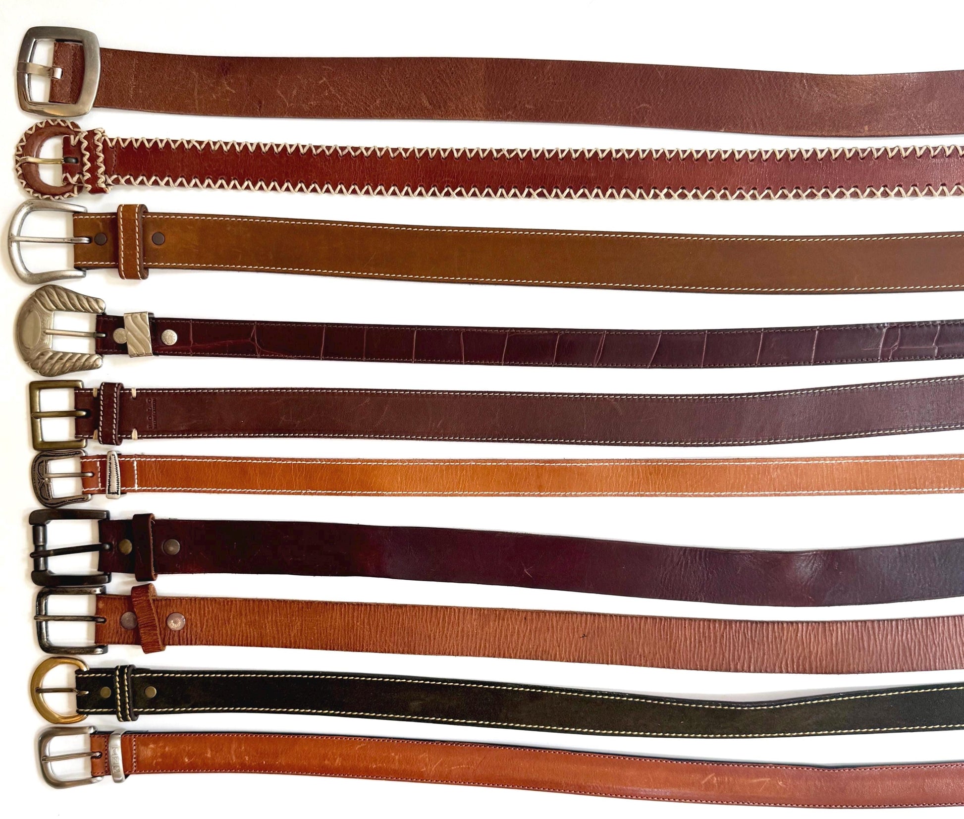 Vintage Solid Brown Leather Belt Worn Distressed Rugged Strap Silver Brass Buckle Plain Everyday Mens Womens Belt