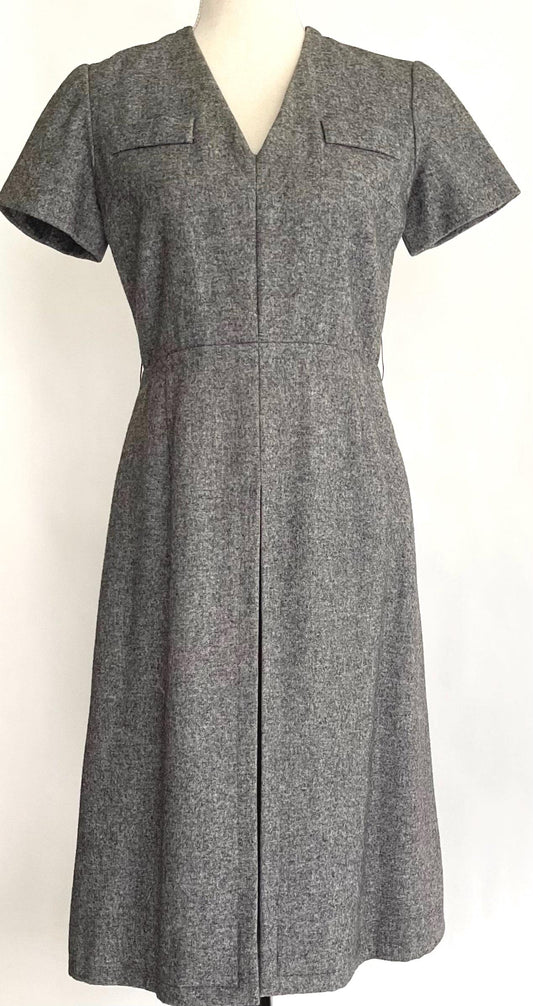 70s Bill Blass Dress Gray Wool Short Sleeve Minimalist Classic Cut Style Vintage Collectible American Designer XS